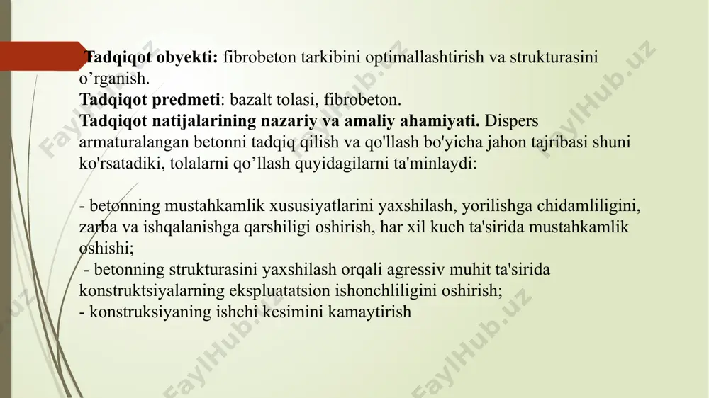 0.5%) - o’sish 4% tarkib-2 (bazalt 1%) -o’sish 11% tarkib-3 (bazalt 1.5%)-o’sish 18% tarkib-4 (bazalt 2%) -o’sish 30% iqtisodiy samaradorlik qismi siqilishga bo’lgan mustahkamlik uchun optimal tarkib sifatida bazalt tolani 0.5% miqdordagisi tanlab olindi. shu takibda siqlishga bo’lgan mustahkamlik-17.4% ga oshdi va 28 kunlikdagi mustahkamlik 44.65 mpa bo’ldi. loyihalangan beton b30 uchun materiallar sarf-xarajati: 2-jadval materiallarning nomi miqdori, (kg) narxi umumiy narxi, (so’m) sement 400 800 so’m/kg 320 000 suv 211 2100 so’m /m3 420 qum 660 59.2 so’m/kg 39 072 chaqiqtosh 1100 30.3 so’m/kg 33 330 jami 392 822 biz optimal deb tanlagan bazalt-0.5% tarkibli beton uchun sarf-xarajatlar mustahkamlikni oshgani hisobiga sement sarfini 13% gacha qisqartirishga erishildi. 2.1-jadval mustahkamlik oshgani hisobiga har bir kub metr betondan sementni 13% miqdorda (52-kg) iqtisod qilib iqtisodiy samaraga erishildi. umumiy hisobda har 1 m3 betondan o’rtacha- 9 154 so’m miqdorda foyda qolmoqda. buni 10 000 m3 beton uchun hisoblasak- 91.540.000 so’m bo’ladi. materiallarning …
