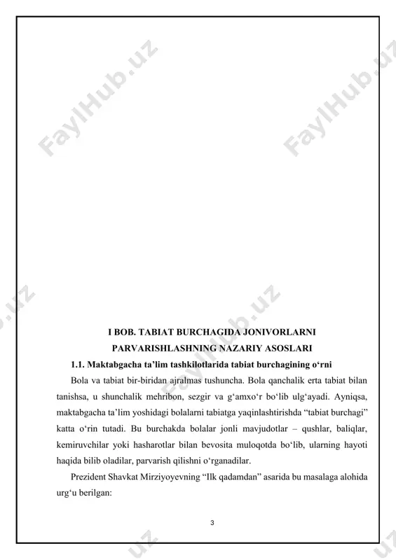 — deya ta’kidlagan. (sukhomlinskiy v.a., 1980)1 bu fikr shundan dalolat beradiki, bola biror jonivorni oziqlantirish, unga g‘amxo‘rlik qilish orqali mehr, sabr, mas’uliyat, tozalik kabi tushunchalarni amalda o‘rganadi. bu tarbiyaviy jarayonlarda pedagogning o‘rni muhim. tarbiyachi bola bilan birga jonivorga parvarish ko‘rsatishi, uni kuzatishi va bu orqali bilim berishi kerak. shu boisdan, bunday faoliyatning nazariy asoslari o‘quvchilarning yosh xususiyatlari, psixologik ehtiyojlari, tabiatni o‘rganish bosqichlari bilan chambarchas bog‘liq. tabiat burchagida jonivorlarni parvarishlash jarayoni bolalarning hissiy, axloqiy va estetik dunyoqarashini shakllantirishda asosiy pedagogik vositalardan biri hisoblanadi. ——————————————————————- 1. sukhomlinskiy v.a., 198 2. sh.m. mirziyoyev, “ilk qadamdan”, 2022 tabiat burchagida jonivorlarni parvarishlash nafaqat bolalarning qiziqishini oshiradi, balki ularda hayotga hurmat, hayvonot olamiga ehtiyotkorlik bilan munosabatda bo‘lish, o‘z vazifasini anglash kabi insoniy fazilatlarni rivojlantiradi. shuningdek, o‘zbekistonlik pedagog q. yo‘ldoshev quyidagicha fikr bildiradi: “tabiatdagi jonli mavjudotlar bilan ishlash bolaning axloqiy tarbiyasiga kuchli ta’sir ko‘rsatadi, ularning shaxs sifatida shakllanishini ta’minlaydi.” bu fikrlar tabiat burchagining nazariy asoslari hayotiy tajriba, …