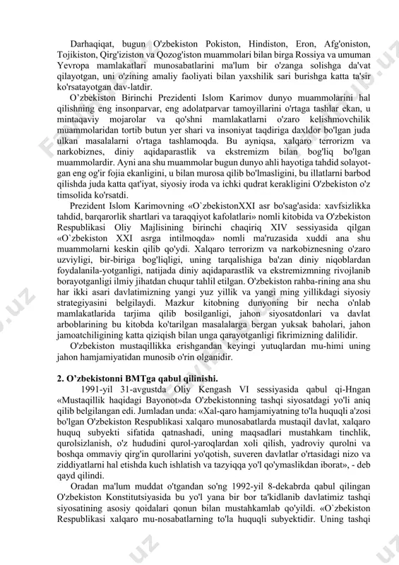 atidan mintaqadagi qo'shnilardan ma'lum darajada ustun turadi. uchinchi tarafdan, o'zbekiston qulay tabiiy-iqlim sharoitiga ega. bu yerda qadimiy dehqonchilik madaniyati va boy mineral-xomashyo resurslari bor. respublika oziq-ovqat bilan o'zini o'zi ta'minlashga, texnika ekinlarining eng qimmatli turlarini, jumladan paxta tolasini yetishtirish va eksport qilishga imkoniyati katta. shu-ningdek, jahon bozoriga yuqori sifatli, ekologik jihatdan sof, ra-qobatga bardoshli meva-sabzavot mahsulotlarini ishlab chiqarishga hamda ularni qayta ishlangan holda yetkazib berishga qodir. to'rtinchidan, davlatimiz nafaqat o'zini o'zi ta'minlaydigan, balki chetga chiqarishga neft, neft mahsulotlari, gaz va umuman, iqtisodiyotning asosi bo'lmish muhim tarmoqlarga ega. o'zbekistonda sanoatning eng zamonaviy tarmoqlari, deylik, mikroradioelektronika kabi murakkab sohani rivojlantirish imkoni bor. beshinchidan, o'zbekistonning insoniyat sivilizatsiyasida sal-moqli o'rni bor. yurtimiz ma'naviy-tarixiy merosga boy. u oldin-dan nafaqat mintaqada, balki dunyoda ham turli ma'naviy va siyosiy jarayonlarga, jahon sivilizatsiyasiga kuchli ta'sir o'tkazib kelgan. shu jihatlarni hisobga olsak, o'zbekiston o'zining barcha ko'rsatkichlari bo'yicha jahondagi madaniy, ilmiy texnologiya va iqtisodiy yuksaklikka erishib, bemalol markaziy osiyoda integratsi-ya …