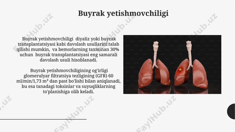 unksiyasi bilan bevosita bogʻliq boʻlib, buyrak kasalliklari d vitamini etishmovchiligiga olib kelishi mumkin. buyrak d vitamini faollashuvida 1,25-dihidroksixolekaltsiferol (kalsitriol) hosil boʻlishida muhim rol oʻynaydi, bu jarayon 25-gidroksixolekaltsiferolning 1α-gidroksilaze fermenti yordamida faollashishi bilan bogʻliq. gomiostaz tushunchasi buyraklar orqali kuniga taxminan 180 litr filtrlangan qon plazmasidan 1-2 litr siydik hosil boʻladi, bu esa organizmdagi suv muvozanatini saqlashga yordam beradi. gomеostazning asosiy funksiyalaridan biri qonning ph darajasini 7,35-7,45 oraligʻida saqlash boʻlib, bu buyraklarning kislota-ishqor muvozanatini tartibga solish qobiliyati bilan taʼminlanadi. kalsiy va fosfat metabolizmi gipokalsiemiya holatida buyraklar 1,25-dihidroksivitamin d3 sintezini kuchaytirib, ichakdan kaltsiy soʻrilishini oshiradi va suyakdan kaltsiy chiqarilishini ragʻbatlantiradi. buyraklar qondagi kaltsiy darajasini 9-11 mg/dl oraligʻida ushlab turishda ishtirok etadi, bu paratiroid gormonining (pth) taʼsiri orqali amalga oshiriladi. e'tiboringiz uchun rahmat @taqdimot_robot image1.jpg image2.jpg image3.jpg image4.jpg image5.jpg image6.jpg image7.jpg image8.jpg image9.jpg image10.jpg image11.jpg image12.jpg image13.jpg image14.jpg image15.jpg image16.jpg image17.jpg