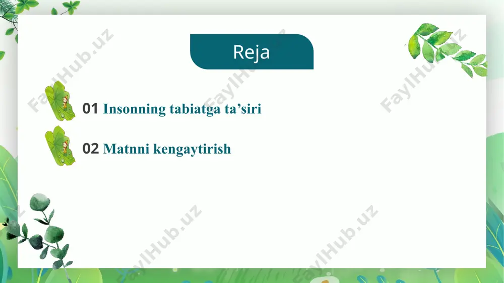 ni qayta tiklash uchun qanday ishlarni amalga oshirdi? eslatma. bir nechta to‘g‘ri javob bo‘lishi mumkin. a eski o‘rmon hududiga daraxtlar ekib chiqishadi. b xalqaro tashkilotlardan yordam loyihalari olishadi. d atrof-muhitni muhofaza qiluvchi tashkilot tuzadi. e hukumat e’tiborini qaratish uchun namoyishlar o‘tkazdi. f ekoolamni tiklash uchun yollanma ishchilarni ishga olishadi. g butun davlat bo‘ylab xayriya marafonlari tashkil etadi. add title text 8 02 matnni kengaytirish 9 54.2-mashq. salgadolar oilasi misolida “insonning tabiatga ta’siri” mavzusida kichik matn tuzing! add title text 10 54.3-mashq. quyidagi jadvalda ko‘pnuqtadan foydalanilgan gaplar va ularning qo‘yilish sababi keltirilgan ularni moslashtiring gaplar qo‘yilish sababi 1. qish... butun atrof oppoq libosda... a. tushirib qoldirilgan harf, so‘z yoki boshqalar o‘rnida qo‘yilgan. 2. turkistonda birinchi m...m...m... artaba tia... t... t... tr b. suhbatdoshining gapi javobsiz qoldirilgani bois qo‘yilgan. 3. – tushundingizmi, tushundingizmi? – deyapman? – … d. fikr duduqlanib aytilgani uchun qo‘yilgan. 4. ilkimdin kelguncha... – deb boshlanar edi. e.so‘zlovchiningcheksizhis-hayajoniifodalan- gani …
