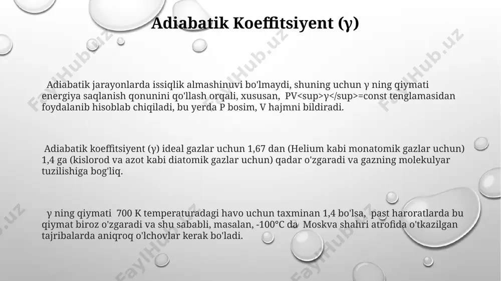 oimiy tenglama bilan ifodalanadi, bu yerda γ (gamma) – adiabatik koeffitsient bo'lib, u gazning tabiatiga bog'liq, masalan, diatomik gazlar uchun γ taxminan 1.4 ga teng. adiabatik jarayonning asosiy xususiyatlari adiabatik jarayonda issiqlik almashinuvi nolga teng bo'ladi (q=0), ya'ni tizim atrof-muhit bilan issiqlik almashmaydi; masalan, 1 kg havo 25°c dan 100°c gacha tez kengaytirilsa, bu jarayon taxminiy adiabatik hisoblanadi. ideal gaz uchun adiabatik jarayonni pv γ = const formula orqali ifodalash mumkin, bu yerda p bosim, v hajm, γ esa adiabatik koeffitsiyent (masalan, diatomik gazlar uchun γ ≈ 1.4). adiabatik kengayishda gazning harorati pasayadi, siqilishda esa ortadi; bu jarayonni 1824 yilda fransua sadi carnot o'zining issiqlik mashinalari nazariyasida tahlil qilgan. adiabatik siqilish adiabatik siqilish paytida, masalan, 10 litr hajmli silindrda joylashgan havo 2 bar bosim bilan 5 litrgacha siqilsa, havoning temperaturasi sezilarli darajada ko'tariladi va bu jarayon energiya o'zgarishi bilan birga keladi. adiabatik siqilish jarayonida tizimning ichki energiyasi 100 kpa bosim …