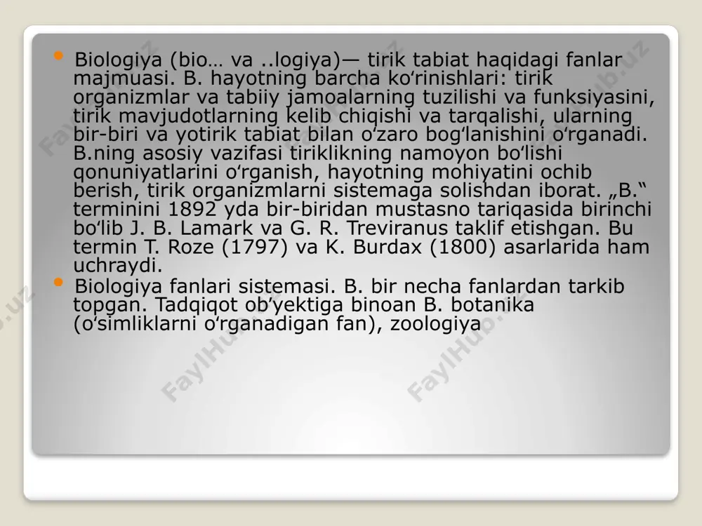 oshlang’ich va o’rta maktab isloh qilindi va ta’lim berishning asosiy tashkiliy shakli dars bo’lishi lozimligi uqtirildi. shu paytdan boshlab maktablarda botanika, zoologiya, odam anatomiyasi, fiziologiyasi, darvinizm o’quv fanlari maktab rejasiga kiritildi va ana shu o’quv fanlar bo’yicha o’quv dasturlari va darsliklari yaratildi, xamda maktab hayotiga joriy etildi. 1.2.o’zbekistonda biologiya o’qitish metodikasi. respublikamizda biologiya o’qitish metodikasiga oid tadqiqotlar xx asrning ikkinchi yarmidan boshlanadi. o’zbekistonda sobiq ittifoq markazida nashr qilingan darsliklar joriy etilgani va undagi ko’pgina o’quv materiallar notanish bo’lgani sababli, o’quvchilarning bilim darajasi past edi. shu sababli respublika metodist olimlarining e’tibori maktab botanika, zoologiya, umumiy biologiya darslarida mahalliy materiallardan foydalanish muammosini yechishga qaratildi. (ye.m.belьskaya, a.ye.suxarev, a.t.g’ofurov). shu bilan bir vaqtda botaniq, zoologik bilimlarni maktab tajriba yer uchastkasida va tirik burchakgida olib borilayotgan amaliy ishlar bilan bog’lash masalalari tadqiq qilindi (m.jabborov, t.isxaqov, x.shokirov). 1961 yili nizomiy nomidagi toshkent davlat pedagogika instituti (hozirgi ped. universitet)da "biologiya o’qitish metodikasi" kafedrasi tashkil qilindi. mazkur kafedrani …
