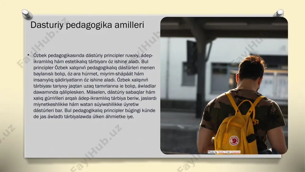 lendiriw procesine integraciyası kózge taslanadı. bilim beriwde oqıwshılardıń belsene qatnasıwına imkan beretuǵın metodlar hám jańalıqlar, sonday-aq, ózin-ózi úyreniw hám erkin pikirlew qábiletin rawajlandırıwǵa qaratılǵan kózqaraslar zamanagóy pedagogikalıq pikirlerdiń tiykarın quraydı. shigis ilimpazları hám pedagogikalıq jantasıwlar shigis ilimpazlarınıń pedagogikalıq jantasıwları, tiykarınan, insandı tárbiyalaw hám bilimlendiriw procesin rawajlandırıwǵa qaratılǵan. máselen, al-farabiy bilimlendiriwdiń maqset hám wazıypaların anıqlawda áhmiyetli rol oynagan, ibn sino bolsa psixologiyalıq táreplerdi úyrengen. olardıń kózqarasları zamanagóy pedagogikada interaktiv usıllar hám didaktikalıq qatnaslardı qollanıwǵa tásir kórsetken. bul bolsa bilimlendiriw procesiniń nátiyjeliligin arttıradı. photo by teddy o on unsplash kelejek pedagogikasi: keleshek pedagogikası ushın innovaciyalıq kózqaraslar hám strategiyalardı islep shıǵıw áhmietli. keleshekte pedagogikalıq pikirlerdi rawajlandırıwdıń tiykarǵı baǵdarlarınan biri sanlı texnologiyalardı bilimlendiriwge engiziw bolıp esaplanadı. sanlı texnologiyalar oqıwshılardıń qızıǵıwshılıǵın arttırıp, interaktiv bilimlendiriw ortalıǵın jaratıwǵa járdem beredi. máselen, onlayn bilimlendiriw platformaları, virtual klasslar hám multimediya materialları oqıwshılardıń dóretiwshiligin rawajlandırıwda áhmietli rol atqaradı. sonday-aq, oqıtıwshılardı jańa pedagogikalıq metodlar menen tanıstırıw, olardıń kásiplik mamanlıǵın arttırıwǵa járdem …