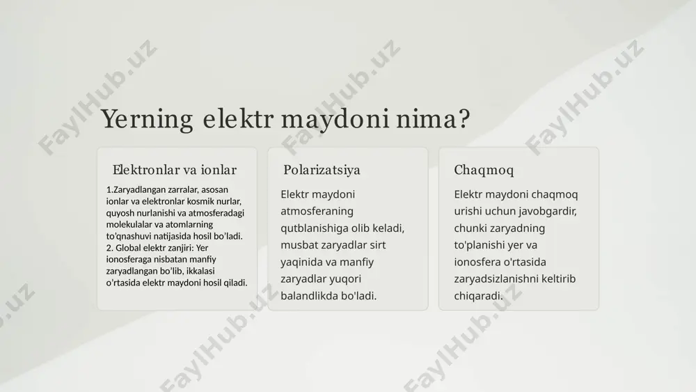 tarqalishi va harakatiga ta'sir qilishi mumkin, bu ob-havo va bulut shakllanishiga ta'sir qilishi mumkin. yerning elektr maydonini tushunishning amaliy qo'llanilishi 1 aviatsiya elektr maydoni samolyotning ishlashiga ta'sir qiladi va gps o'lchovlari ionosfera buzilishlari uchun tuzatiladi. 2 kosmik ob-havo kosmik ob-havoning aniq prognozlari elektr maydonini va uning sun'iy yo'ldoshlar va aloqa tizimlariga ta'sirini tushunishni talab qiladi. 3 zilzila bashorati elektr maydonidagi o'zgarishlar zilzilalarni bashorat qilish uchun foydali bo'lishi mumkinligi haqida dalillar mavjud. 10 kelajakdagi tadqiqotlar va yerning elektr maydonini tushunishdagi yutuqlar 1 texnologiyadagi yutuqlar cubesats va yuqori balandlikdagi sharlar kabi yangi texnologiyalar elektr maydonini yaxshiroq o'lchash imkonini beradi. 2 yaxshilangan atmosfera modellari atmosfera dinamikasini yaxshiroq tushunish elektr maydonini modellashtirish va bashorat qilish qobiliyatimizni yaxshilaydi 3 boshqa ma'lumotlar bilan integratsiya elektr maydoni ma'lumotlarini boshqa ma'lumotlar manbalari bilan birlashtirish yangi kashfiyotlar va ilovalarga olib kelishi mumkin. 11 xulosa qilib aytadigan bo’lsak, yerning elektr maydoni sayyoramizning tabiiy muhitining qiziqarli va murakkab jihatidir. ko’rinmas bo’lishiga …