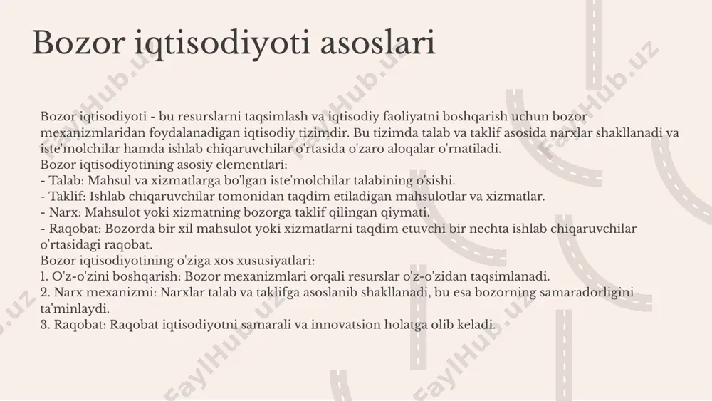 odiyotni salbiy ta'sir qilishda davom etmoqda. monopoliyalar narxlarni ko'tarish, raqobatni kamaytirish va iste'molchilar tanlovini cheklash orqali bozor samaradorligini pasaytiradi. ushbu kamchiliklarni bartaraf etish uchun davlat siyosati va tartibga solish muhim ahamiyatga ega. bozor tizimini muvaffaqiyatli boshqarish davlat roli davlat, bozor tizimining barqarorligini ta'minlashda muhim rol o'ynaydi. u, iqtisodiy siyosatni belgilash va tartibga solish orqali, bozor ishtirokchilarining xatti-harakatlarini boshqaradi. bozor nazorati bozor nazorati, bozorning samarali ishlashini ta'minlash uchun zarurdir. bu, monopoliyalarning oldini olish, raqobatni rag'batlantirish va iste'molchilar huquqlarini himoya qilish orqali amalga oshiriladi. ta'lim va bilim ta'lim va bilim, bozor iqtisodiyotida muvaffaqiyatning asosiy omillaridan biridir. yangi bilimlar va ko'nikmalarni o'zlashtirish, ishchi kuchining malakasini oshirishda muhim ahamiyatga ega. 01. 02. 03. kelajakda bozor iqtisodiyotining rivojlanish tendensiyalari kelajakda bozor iqtisodiyotining rivojlanishi bir qancha asosiy tendensiyalar bilan xarakterlanadi. birinchidan, raqobat va innovatsiyalar bozorning samaradorligini oshirishda muhim rol o'ynaydi. ikkinchidan, globalizatsiya iqtisodiy aloqalarni kengaytiradi, bu esa yangi imkoniyatlar va xatarlarni keltirib chiqaradi. uchinchi, davlat siyosati …