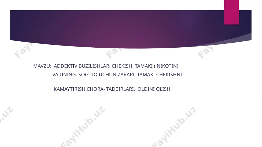 orqada qoladi, astma, bronxit, pnevmoniya va o’rta quloq kasalliklari kelib chiqadi. voz kechish usullari : nikotin saqich , uning ta’miga o’xshash konfetlar. fizioterapiya. psixoterapiya. o’z-o’zini ishontirish. giyohvandlik – narkotik moddalarga o’rganib qolish. ularga quyidagilar kiradi: nasha. ko’knori. gallyutsinogenlar. image1.jpeg image2.jpeg /docprops/thumbnail.jpeg