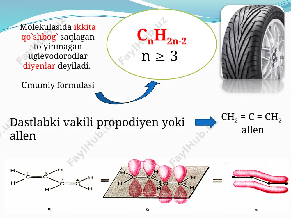 tini 1899 yilda tile molekuladagi c atomlarida saqlanib qolgan parsial (qoldiq) ­valentlik hisobiga shunday birikish mumkin degan nazariyasida isbotlab berdi. brom biriktirganimizda sharoitga qarab quyidagicha mahsulotlar hosil bo’lishi mumkin 1,2 birikish 1,4 birikish gipogalogenid kislotalar va ularning efirlari asosan 1,2 birikish reaksiyasiga kiradi. umumiy yonish formulasi cnh2n-2 + 1,5n-0,5o2  nco2 + n-1h2o polimerlanish reaksiyasi butadiyen – 1,3 butadiyen kauchuk izopren izopren kauchuk kauchuk so’zi “daraxtning ko’z yoshi” degan ma’noni anglatadi. kauchuklar olinadigan manbasiga ko’ra ikki turga bo’linadi tabiiy kauchuk sintetik kauchuk tabiiy kauchuk tabiiy kauchuk (с5н8)n formulaga ega bo'lib, braziliyada o'sadigan geveya daraxti shirasi ( lateks ) dan olinadi. kauchuk «kaocho» so'zidan olingan bo'lib, u daraxtning ko'z yoshi ma'nosini bildiradi. olingan daraxt shirasiga sirka kislota qo'shilsa, kauchuk ajralib chiqadi. kauchukning daraxtdan ajratib olinishi 1 kau­chuk olish uchun daraxtning po'stlog'i kesiladi va undan sutsimon shira (lateks) ajralib chiqadi. 2 sutsimon shira kauchukning suvdagi kolloid eritmasi bo'lib, bu eritmaga ozroq mineral …