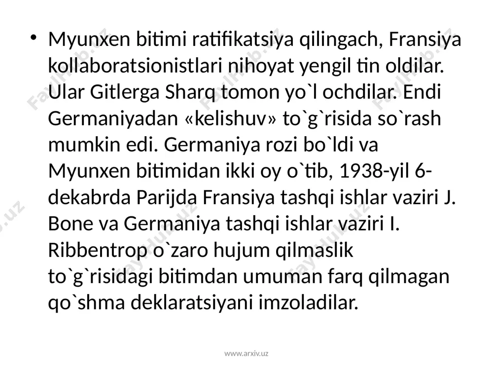 teriallar oldi, ular germaniya armiyasini qurol- lantirishda katta ahamiyatga ega bo`ldi. franko germaniyaning sodiq ittifoqchisiga aylandi. endi fransiyaning janubida ham unga qarshi dushmanona harakatlarni boshlashi va gitlerga bebaho strategik yordam ko`rsatishi mumkin bo`lgan davlat paydo bo`ldi. fransiya janubida germaniyaning yana bir ittifoqchisi - fashistlar italiyasi joylashgani hisobga olinsa, aytish mumkinki, fransiya fashistlar davlatlari qurshovida qoldi va uning kunlari sanoqli edi. gitler fransiya germaniyaning ashaddiy dushmani ekanini yashirmasdi. www.arxiv.uz adolf gitler va neville chamberlain www.arxiv.uz avstriyaning germaniyaga qo`shib olinishi gitlerga ayniqsa ikki mamlakat - ;avstriya va chexoslovakiya zarur edi. ikkala mamlakat ham rivojlangan og`ir sanoatga ega bo`lib, markaziy yevropada muhim mavqeni egallardi. chexoslovakiya ruminiya, vengriya, polsha, avstriya va sssr bilan umumiy chegarlarga ega edi, avstriya esa germaniyaga yugoslaviyaga bostirib kirish imkonini berardi. 1936-yil iyulida avstriya kansleri kurt shushnig (1897- 1977) germaniya bilan shartnoma imzoladi. unga ko`ra, germaniya avstriyaning mustaqilligini tan oldi, avstriya esa, o`z navbatida, o`zini «germaniya davlati» deb hisoblardi. oradan …
