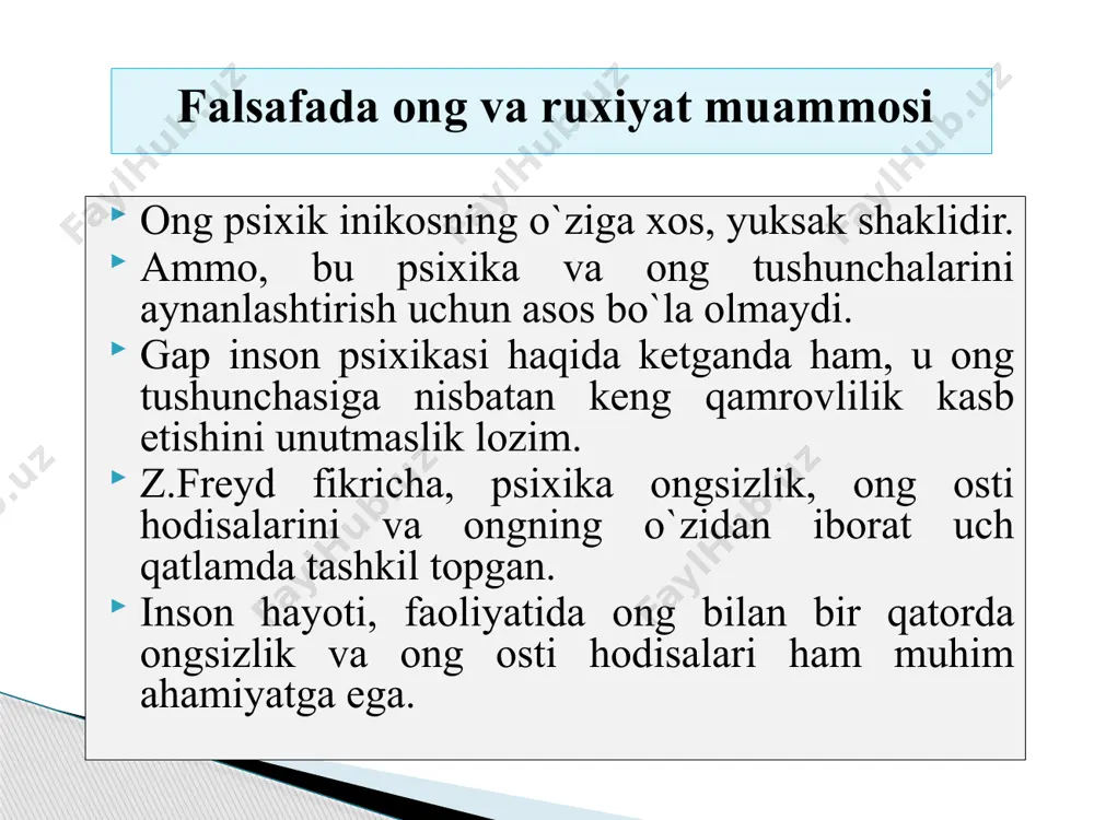 chgan jarayonlar bilan cheklab qo`yish to`g`ri emasligini, u koinot evolyutsiyasining tabiiy hosilasi ekanligini tobora chuqurroq isbotlamoqda. ong- nima? inson biologik va ijtimoiy harakatning tashuvchisi ekan, harakat shakllari o`rtasidagi uzviy aloqadorlikni, uning yuqori shakllari quyi shakllariga bog`liqligini, tayanishini, ulardan o`sib chiqishini unutmaslik lozim. ong tarixi quyosh sistemasi va unda millionlab yillar davomida sodir bo`lgan o`zgarishlardan ham ayricha olib qaralishi mumkin emas. ongning shakllanishini kosmik hodisa sifatida qarash ham mumkin. bilish-gnoseologiyasining asosiy kategoriyasi. bilish bosqichlari hаqiqаt - insоn bilimlаridа bоrliqning to'g'ri inъikоs etishi, prеdmеt vа хоdisаlаr аsli qаndаy bo'lsа ulаrni insоn o'z miyasidа huddi shundаy inъikоs ettirgаn bilimlаridir. hаqiqаtni оchish yoki ilmiy hаqiqаtgа erishish hаr qаndаy ilmiy bilishning аsоsiy vаzifаsi hisоblаnаdi. hаqiqаt o'zining mаzmunigа ko'rа mutlаq vа nisbiy bo'lishi mumkin. hаqiqаt tushunchаsi vа uning shаkllаri 20 hаqiqаt jаrаyon sifаtidа ikki mоmеntdаn ibоrаt nisbiy mоmеnt (nisbiy hаqiqаt) mutlоq mоmеnt (mutlоq hаqiqаt) nisbiy hаqiqаt: to'liq bo'lmаgаn, yakunlаnmаgаn hаqiqаt tugаllаnmаgаnligi uchun аmаliyotdа ilmiy tаdqiqоtni isbоtlаsh …