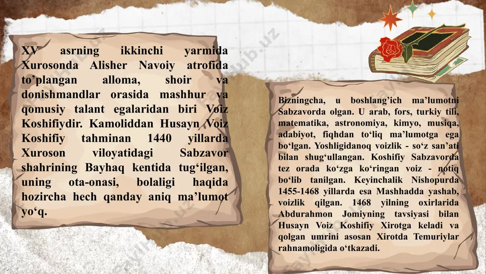 hifiy insonni dunyodagi eng yuksak olijanob mavjudot deb biladi. “odam nomi yaxshilik bilan eslash tufayli boqiydir, xayotlik ayyomining hosili yaxshi nom orttirishdir”- deydi. bu voiz koshifiy axloqiy ta’limotining yetakchi g‘oyasidir. u salbiy axloqiy xislatlarni qoralaydi va ularning inson hayotida va jamiyat uchun katta zarar olib kelishini kator hikoyat va rivoyatlar bilan ko‘rsatadi. husayn voiz koshifiy yaxshilik va yomonlik, adolat, vijdon, burch tushunchalari haqida ham atroflicha fikr yuritadi. axloq normasi - insonlarning xulq, fe’l-atvorlarini tartibga solib turuvchi axloqiy talablardir. koshifiy ijobiy xislatlarni kishilarda bo‘lishi shart bo’lgan insoniy fazilat deb tushunadi va sabr, hayo, iffat, pokizalik, sobiqqadamlik, saxiylik, sahovat, rostguylik, shijoat, kamtarlik, hushyorlik, baland himmatlik, diyonatlilik, ahdiga vafolik, andishalilik, izzat-hurmatni bilish, sir yashira olish kabi fazilatlarni birma-bir ta’riflab o‘tadi. ko¬shifiy axloqli inson deganda, ilm-ma’rifatga intiluvchi, haqiqat va adolatni sevuvchi, adolatsizlikka qarshi kurashuvchi, mard, harakatchan, olijanob, sahiy, ochiq qalb insonni tushungan. axloq masalalarini yoritishda koshifiyning "axloqi muxsiniy" (husayn boyqaroning o‘g‘li - abdulmuhsin mirzoga …