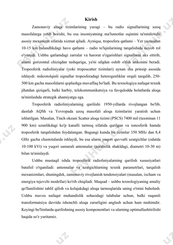 ataladi). masalan: · yer yuzasida o'rtacha harorat +15 °c atrofida bo'lsa, · 10 km balandlikda u -50 °c gacha tushishi mumkin. bu pasayish konveksiya va radiatsion sovutish jarayonlari natijasida yuzaga keladi. tropopauzada harorat -50 °c dan -70 °c gacha bo'ladi, bu qatlamning termal barqarorligini ta'minlaydi. haroratning vertikal gradienti ob-havo hodisalarini (bo'ronlar, shamollar) keltirib chiqaruvchi asosiy omil hisoblanadi. 3. bosim va zichlik bosim yer yuzasida 1013,25 gpa (standart bosim) dan boshlanib, balandlik oshgani sari eksponensial ravishda kamayadi. taxminan har 5 km da bosim ikki baravar kamayadi. zichlik ham shunga mos ravishda pasayadi: yer yuzasida 1,225 kg/m³ bo'lsa, 10 km da u 0,4 kg/m³ gacha tushadi. bu o'zgarishlar gidrostatik tenglik tenglamasi asosida izohlanadi: bu yerda p – bosim, ρ – zichlik, g – tortishish kuchi, z – balandlik. bunday dinamika havo oqimlarini va vertikal harakatlarni belgilaydi. 4. namlik va suv bug'i troposfera namlikning asosiy manbai bo'lib, yer yuzasidagi bug'lanish natijasida suv bug'i …