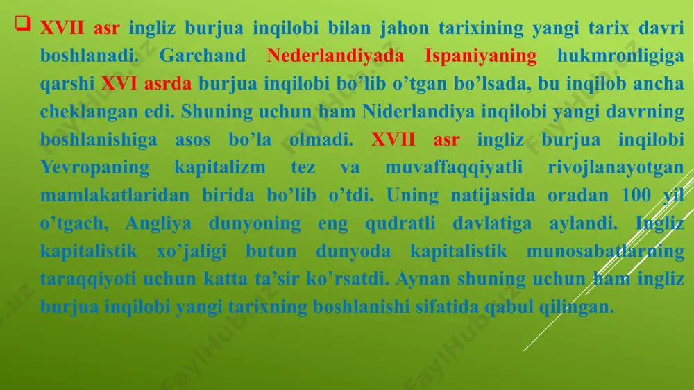 bir qismi qo’llab-quvvatladi xolos. yakov i o’zining absolyutistik orzularini amalga oshirish uchun parlament bilan nizo chiqarib, uni siyosiy sahnadan tushirishga urindi. parlamentning noroziligini ayniqsa qirolning moliyaviy tadbirlari va tashqi siyosati kuchaytirdi. ingliz xalqi va parlament ispaniyani angliyaning dengiz va mustamlakalardagi asosiy raqibi deb bilgan bo’lsalar, qirol hukumati muholifatga qarshi kurash uchun ispaniya bilan yaxshi munosabatda bo’ldi. shunday qilib, qirol va parlament o’rtasidagi kurash angliyani inqilobga olib keldi. qirol karl i (1625-1649) davrida bu kurash nihoyatda jiddiy tus oldi. angliyaning ispaniya va fransiya bilan olib borgan urushlari uchun ingliz hukumatiga ko’p miqdorda pul kerak edi. qirolning tashqi siyosatdagi muvaffaqiyatsizliklaridan norozi bo’lgan parlament uning hukmronligini uchinchi yilida «huquqlar to’g’risidagi iltimosnoma»ni imzolatishga majbur qildi. unga ko’ra har qanday soliqlar faqat parlamentning ruxsati bilan yig’ilishi va har qanday hibsga olishlar qonuniy asosda bo’lishi kerak edi. iltimosnoma imzolangandan keyin ham qirol parlamentning ruxsatisiz soliqlar yig’ishni davom ettirdi. bunga qarshilik ko’rsatgan parlamentni tarqatib yubordi va 1629 …