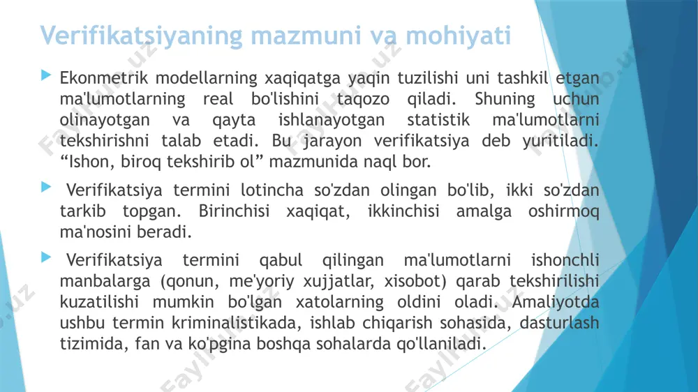 ati va o’rtacha kvadratik chetlanishi. juft korrelyatsiya koeffitsientini tekshirish uchun erkinlik darajasini t taqsimotga ega bo’lgan formula orqali qiymati aniqlanadi. образец текста второй уровень третий уровень четвертый уровень пятый уровень agar bo’lsa, nolinchi gipotezani qo’llab bo’lmaydi va binobarin bosh to’plamda chiziqli korrelyatsiya mavjud. uning ishonchli ta’rifi sifatida korrelyatsiyaning chiziqli koeffitsienti namoyon bo’ladi. chiziqsiz bog’lanishda r to’plam korrelyatsiyasining indeksi ishonchliligi ham xuddi shu usulda tekshiriladi. bunday holda quyidagi formuladagi korrelyatsiya koeffitsienti korrelyatsiya indeksi r bilan almashtiriladi. to’plam korrelyatsiya koeffitsienti r kvadratik xatoga ega bu erda k – regressiya koeffitsientlari soni. образец текста второй уровень третий уровень четвертый уровень пятый уровень shunday qilib, t mezonning empiric qiymati quyidagi formula bo’yicha aniqlanadi: bu erda n-k-1 – erkinlik darajalari soni; jadvaldagi qiymati bilan solishtiriladi. n-2 – erkin darajalari bilan t taqsimotga ega bo’lgan qiymati asosida regressiya koeffitsientlarining ishonchligi tekshiriladi. образец текста второй уровень третий уровень четвертый уровень пятый уровень darbin – uotson mezoni avtokorrelyatsiya …