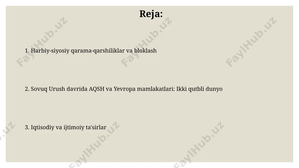 amoyish etish va raqobatlashish maydoni sifatida xizmat qilib, sharqiy va g'arbiy germaniya o'rtasidagi keskinlikni yanada kuchaytirgan. sovuq urush davrida aqsh yadro qurollari soni 30 000 dan oshgan bo'lsa, sssrda bu raqam 40 000 ga yaqinlashgan, bu esa global yadroviy falokat xavfini sezilarli darajada oshirgan. nato va varshava shartnomasi tashkilotlari berlin devori (1961-1989) nato va varshava shartnomasi tashkilotlari o'rtasidagi geografik va idealogik tafovutning ramzi bo'lib, germaniyani ikkiga bo'lib, ikki harbiy blok o'rtasidagi keskinlikni aks ettirgan. natoning asosiy maqsadi sovet ittifoqining harbiy tajovuzidan himoya qilish bo'lsa, varshava shartnomasi tashkiloti esa sssrning ta'sir doirasiga kirgan mamlakatlarni harbiy-siyosiy jihatdan birlashtirishga qaratilgan edi. kubalik raketalar inqirozi inqirozning eng keskin nuqtasi aqsh razvedkasi tomonidan kubada joylashtirilgan sovet raketalarining suratlarini aniqlash va tahlil qilish bilan bog'liq bo'lgan. inqiroz tufayli aqsh va sssr o'rtasida "issiq liniya" aloqa kanali o'rnatildi, bu esa kelgusidagi shunga o'xshash vaziyatlarda to'g'ridan-to'g'ri muloqotni ta'minlash maqsadida amalga oshirildi. sovuq urush davrida aqsh va yevropa mamlakatlari …