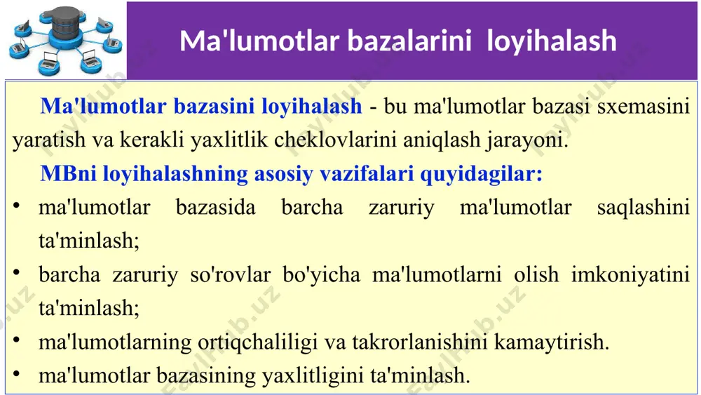 yatlarning qiymatlari obyektlarni turkumlashga, ya'ni umumiy xususiyatlarga ega bo'lgan obyektlarni ma’lum turiga yoki sinflariga birlashtirishga imkon beradi. ushbu turlar (sinflar) o'zlari ham predmet soha mohiyat-obyekti, ammo, o'xshash ob'ektlar nusxalari to'plamining xususiyatlarini umumlashtiradigan abstrakt mohiyat hisoblanadi. ushbu sinfning nusxa bo'lgan mohiyat-sinf va mohiyat o'rtasidagi munosabatlar abstrakt-konkret yoki umumiy-xususiy munosabatlar deb ataladi. 12 infologik loyihalash shunday qilib, predmet sohasining infologik modelini qurishning dastlabki bosqichida quyidagi vazifalar hal qilinadi: ma'lumotlar bazasiga ma’lumotlari yozilishi kerak bo'lgan predmet sohasidagi mohiyat-obyektlar ajratiladi ajratilgan mohiyat-obyektlarining alohida nusxalarini identifisiyalash xususiyatlari aniqlanadi; alohida obyektlarni (nusxalarni) obyektlar sinflari yoki tiplari bo'lgan abstrakt mohiyatlarga birlashtirishga imkon beradigan xususiyatlar ajratiladi. 13 infologik loyihalash ko'pincha ma'lumotlar bazasining kontseptual modeli quyidagilarni o'z ichiga oladi: predmet sohasining axborot obyektlari yoki tushunchalari tavsifi va ular o'rtasidagi aloqalarni; yaxlitlik cheklovlarining tavsifi, ya’ni ma'lumotlar qabul qilinadigan qiymatlari va ular o'rtasidagi aloqalarga qo‘yiladigan talablarni. 14 “mohiyat-aloqa” modeli infologik modelni qurishda 1976 yilda p.chen tomonidan taklif qilingan “mohiyat-aloqa” modeli (ing. …