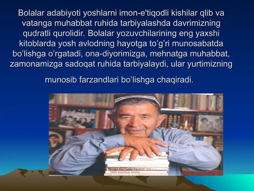 oev ijodiy yutuqini badiiy syujet yaratish borasidagi izlanishlari siz tasavvur qilib bo`lmaydi. bunga qo`shimcha tarzda yozuvchi asarlarining badiiy tili va kulgi yaratish mahoratini ham tilga olish mumkin. yozuvchining asarlaridan asarlarga ko`chib yuruvchi nim tabassum, hozirjavoblik, zukkolik kitobxon qalbiga ham ko`chadi. bu hamma yozuvchilar orzu qiladigan, ammo ko`pchilikka nasib qilavermaydigan badiiy barkamollik nishonasidir. o`zbekiston xalq yozuvchisi x.to`xtaboevni asarlarining tarqalishi jug`rofiyasiga ko`ra jahongashta adib deyish mumkin. o`z asarlari bilan necha avlod bolalarining mehrini qozongan yozuvchi hozir ayni ijodiy kuch-quvvatga to`lgan yoshda. adib qalamiga mansub har bir hikoya, qissa va romanlar bolalikning beg`ubor olami, xalq tarixi, taqdiri bilan bog`liq muhim muammolarning badiiy ifodasi sifatida kichik kitobxonlar tarbiyasiga xizmat qilmoqda. ularda yaratilgan `onlab kurashchan qahramonlar bolalarning sevimli maslakdoshi va maslahatgo`yiga aylangan.