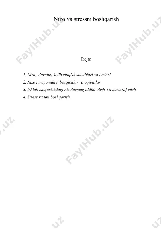 shtirilmagani; *yomon mehnat sharoitlarini; *mehnat haqidagi qonunlarni buzishni; *rahbarlikning qoniqarsiz saviyasini; 2. nizo jarayonidagi bosqichlar va oqibatlar nizoning kelib chiqishi va to’qnashishning sodir bo’lishi bir butun jarayon bo’lib, bu jarayon quyidagi bosqichlarni o’z ichiga oladi (66-chizma). nizoning kelib chiqish va to’qnashish jarayoni modeli. bu jarayonning birinchi bosqichida nizo chiqishi uchun vaziyat tug’iladi, ya’ni tomonlar manfaatlarining qarama-qarshiligi obyektiv ravishda namoyon bo’ladi. ammo ochiqdan-ochiq to’qnashuv sodir bo’lmaydi. bunday holat har ikkala tomon tashabbusi bilan yoki "merosdan " qolgan nizoning ta’siri ostida vujudga kelishi mumkin. nizoli vaziyatning obyektiv ravishda vujudga kelishiga bevosita qarama-qarshi turuvchi tomonlarning o’zlari yoki ularning muxoliflari sababchi bo’lishi mumkin. ular turlicha daraja (rang) ga ega bo’lgan tomonlardir. masalan: a. darajali muxoliflar — bu shaxslar; b. darajali muxoliflar — bu guruhlar; c. darajali muxoliflar — bu tashkilotlar; d. darajali muxoliflar — bu dialog chog’ida o’z-o’zidan qaror qabul qiluvchi shaxslardir. nizoning rivojlanishida va sodir bo’lishida ularning ta’siri deyarli bo’lmaydi. nizoli vaziyatning boshqa …