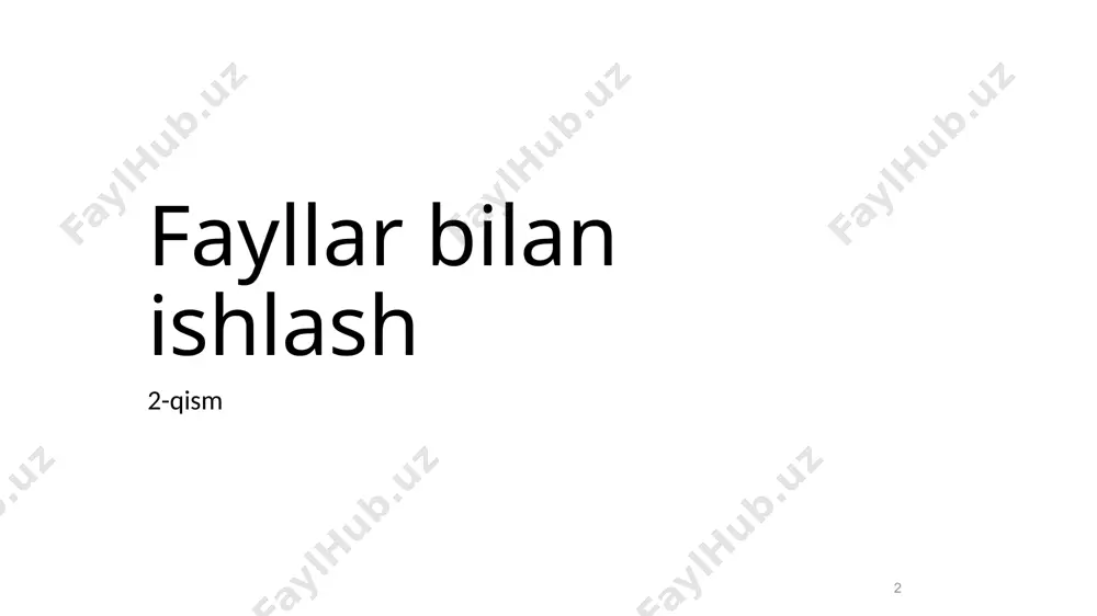 << buffer; //buferni o’chiramiz delete [] buffer; seekg() metodi * joriy pozitsiyani raqam bilan ko'rsatilgan kerakli joyga o'rnatadi. joylashishni aniqlash usuli ham ushbu usulga o'tkaziladi: file.seekg(0,ios_base::end); //faylning oxirida bo’lish file.seekg(10,ios_base::end); //oxiridan 10 baytda bo’lish file.seekg(30,ios_base::beg); //31-baytda bo’lish file.seekg(3,ios_base::cur); //3 baytdan so’ng sakrab o’tish * joylashishni aniqlash usuli ham ushbu usulga o'tkaziladi: ios_base:: end -fayl oxiridan yangi pozitsiyani hisoblang ios_base:: beg -fayl boshidan yangi pozitsiyani hisoblang (mutlaq joylashishni aniqlash) ios_base:: cur – fayldagi joriy pozitsiyadan boshlab n baytga o'ting (standart) file.seekg(0,ios_base::end); //faylning oxirida bo’lish file.seekg(10,ios_base::end); //oxiridan 10 baytda bo’lish file.seekg(30,ios_base::beg); //31-baytda bo’lish file.seekg(3,ios_base::cur); //3 baytdan so’ng sakrab o’tish tellg() metodi * ba'zan siz qancha o'qiganingiz haqida ma'lumot olishimiz kerak. bunda tellg () metodi bizga yordam beradi: file.seekg() (o,ios_base::end); cout <<“faylning baytlardagi razmeri=“<<file.tellg(); u baytda qancha o'tganligini ko'rsatadigan int turidagi qiymatni qaytaradi. fayl hajmini olish uchun uni seekg () usuli bilan birlashtirish mumkin: cout << “o’qilgan baytlar soni” << file.tellg(); e’tiboringiz uchun …