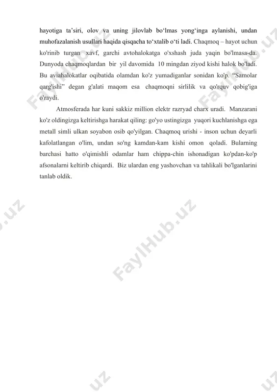 ular aholi va hududlar uchun xavf-xatarlar manbai hisoblanadi va muayyan sharoitda fvga aylanib ketishi mumkin. o‘zbekiston respublikasi vazirlar mahkamasining 1998 yil 27 oktyabrdagi 455-sonli “texnogen, tabiiy va ekologik tusdagi favqulodda vaziyatlarning tasnifi” to‘g‘risidagi qaroriga asosan yong‘in-portlash xavfi mavjud bo‘lgan ob’ektlardagi avariyalarga: texnologik jarayonda portlaydigan, oson yonib ketadigan hamda boshqa yong‘in uchun xavfli moddalar va materiallar ishlatadigan yoki saqlanadigan ob’ektlardagi, odamlarning mexanik va termik shikastlanishlariga, zaharlanishiga va o‘limiga, asosiy ishlab chiqarish fondlarining nobud bo‘lishiga, favqulodda vaziyatlar xududlarida ishlab chiqarish siklining va odamlar hayoti faoliyatining buzilishiga olib keladigan avariyalar, yong‘inlar va portlashlar;odamlarning shikastlanishiga, zaharlanishiga va o‘limga olib kelgan hamda qidirish-qutqarish ishlarini o‘tkazishni, nafas olish organlarini muhofaza qilishning maxsus anjomlarini va vositalarini qo‘llanilishini talab qiluvchi ko‘mir shaxtalaridagi va kon-ruda sanoatidagi gaz va chang portlashi bilan bog‘liq bo‘lgan avariyalar, yong‘inlar va jinslar qo‘porilishi kiritilgan. yonuvchi moddaning havo kislorodi bilan oksidlanib,manba ta’siri ostida issiqlikva nur chiqarishi bilan yakunlanadigan jarayon yonish deyiladi. yonish jarayoni 2 xil …