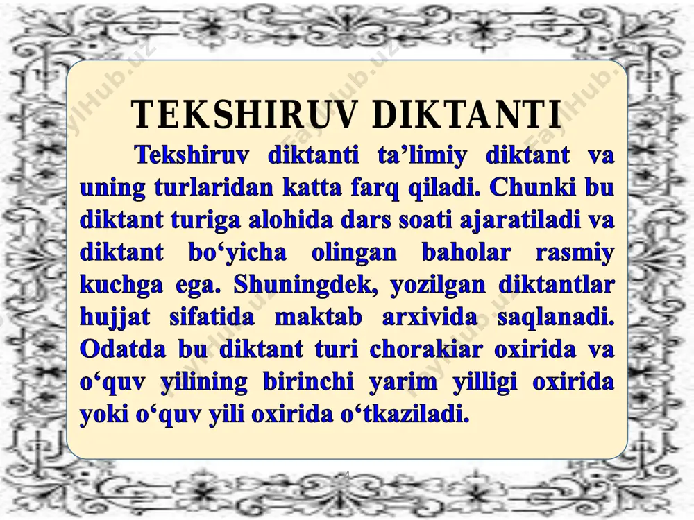 shiruv diktantining yuqoridagi ikki ko‘rinish ham diktant o‘tilgan mavzular bo‘yicha imloviy, orfografik, grammatik, sintaktik qoidalarga to’liqligicha mos bo’lishi shart. diktant alohida gaplar shaklida yozilsa ham, ma’lum bir matn asosida yozilsa ham dts talablariga to‘liq mos bo’lishi kerak. 1. semenar mashg’uloti rejasida berilgan 1-5-savollarga javob toping. 2. tekshirish diktanti mavzusidan ushbu diktantni o’tkazishga qo’yiladigan talablarni o’zlashtirib oling. 3. o’quvchilar bilimi, ko’nikma va malakasini tekshirish usullarini ko’chirib oling. 4. kuzatilgan darsni dars etaplari bo’yicha tahlil qiling. foydalanilgan adabiyotlar: 14 e`tiboringiz uchun rahmat! 37