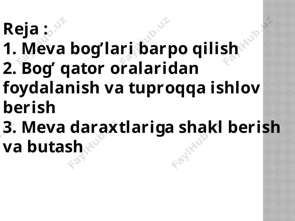 a bahorda qora sovuq bo’lib turadigan hududlarda ekish yaramaydi. bunday joylarga sovuqqa chidamli, kech gullaydigan urug’li meva turlarini ekish maqsadga muvofiq bo’ladi. ko’pchilik meva ekinlari turlari haydalma qavati o’rtacha va engil qumoq tuproq bo’lgan madaniylashgan bo’z tuproqlarda eng yaxshi hosil beradi. bog’ barpo qilishda daraxtlar yaxshi o’sishi va mo’l hosil berishi uchun oziq moddalarga boy, chuqur bo’z tuproqli, o’tloq, sho’rlanmagan erlarni tanlash maqsadga muvofiqdir. o’zbekistonda shimoliy va g’arbiy tog’ yon bag’irlari bog’ barpo qilish uchun eng qulay hisoblanadi. bu erlarda meva daraxtlari bahorgi qora sovuqlardan, tuproqning haddan tashqari qizib ketishdan va nam etishmasligidan kamroq zararlanadi. sharqiy va janubiy yonbag’irlar bog’ barpo qilish uchun yaroqli bo’lmaydi. sharqdan kuchli esgan shamol bog’larga ko’p zarar keltirishi mumkin: tuproqni quritadi, bog’dagi daraxtlarning gullashiga yomon ta’sir etadi, yozda esa mevalarni to’kib, daraxt shoxlarini sindirib yuboradi. janubiy yon bag’irlar kuchli isib ketgani va tuprog’ining qurib qolgani uchun yaroqsiz bo’ladi, chunki bu bahorda daraxtlarning barvaqt uyg’otib yuboradi, …