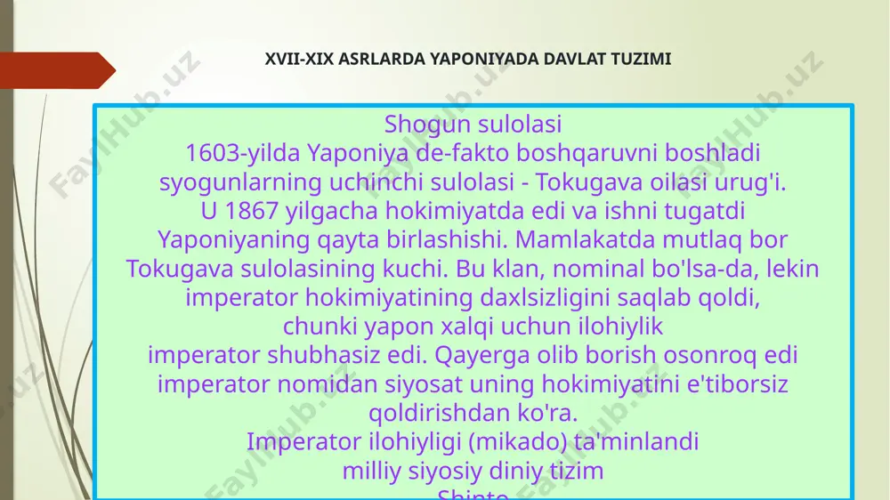 poniyani 50 yil davomida yaponlar bilan savdo qilgan portugallar kashf etgan. 1552 yilda ispanlar yaponiyaga, keyin gollandlar va inglizlar kelishdi. yaponiyada xristian dini tarqala boshladi, bu diniy yaponiyaliklar orasida evropadan kelgan missionerlar tomonidan targ'ib qilingan. dastlab yaponlar missionerlar va iyezuitlarni qo‘llab-quvvatlagan bo‘lsalar, keyinchalik ular yevropaliklar din niqobi ostida yaponiya mustaqilligini cheklashga, uni qo‘lga olishga harakat qilishayotganini anglab yetdi. 1587 yilda qabul qilingan farmon barcha xristian missionerlarini 20 kun ichida mamlakatdan chiqarib yuborishni qonuniylashtirdi. aks holda, ular o'limga hukm qilindi. ammo bu qonun tijoratga qarshi emas edi. chet ellik savdogarlar tadbirkorlik bilan shug'ullanishlari va mamlakatda xohlagancha qolishlari mumkin edi, ammo agar savdogarlar missionerlarning kirib kelishiga yordam berishsa, ularning mol-mulki musodara qilinardi. qabul qilingan farmon yaponiya xavfsizligini ta’minlash va uning mustaqilligini saqlab qolishga xizmat qilishi kerak edi.tokugava xideyoshi birinchilardan bo‘lib nasroniylikni qabul qilgan yaponlar tahdidini tushungan, chunki yevropaliklar missionerlar yuborib, xristian dinini targ‘ib qilishdan umidvor edilar. uni qabul qilgan yaponlarni mamlakatni zabt …