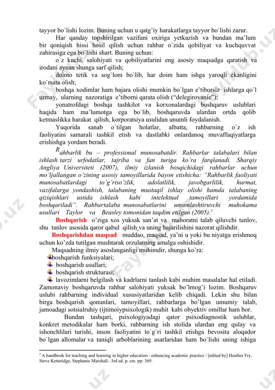 atta muvaffaqiyatlarga olib keladi. ya’ni, ma’lum ma’noda rahbar psixodiagnost bo`lishi, o`z faoliyatida psixodiagnostik metodlarni qo`llay olishi kerak. chunki, o`zgalar psixologiyasini yaxshi bilish ular ustidan hokimlikning usuli bo`lgani kabi, o`z shaxsiy fazilatlari va kamchiliklarini bilish, turli vaziyatlarda to`g`ri yo`l tutish zarurdir. eng avvalo, rahbar o`zining boshqaruvchilik faoliyatiga qanchalik loyiq ekanliginginzni aniqlab olishi kerak. lavozimni egallashdan avval, u quyidagi sifatlarga ma’lum darajada ega bo`lishi lozim: rahbar tub ma’noda realist bo`lish kerak, ya’ni uning barcha harakatlari o`zi boshqarayotgan korxona yoki tashkilot manfaatlarigamoskelib, unga foyda keltirishi lozim;rahbarning umuman odamlar haqida qanday tasavvurda ekanligi, ular to`g`risida nima deb o`ylashi, bu boradagi bilimlari juda muhim. bu savolga agar u obyektiv, to`g`ri javob topolgandagina, uning o`zi haqidagi fikrlarini taxminan bilish mumkin bo`ladi. shu kabi savollarga aniq javoblarning bo`lishi dastlabki paytda uning muvaffaqiyati va odamlar bilan ishlab ketishining real asosidir; o`zgalar faoliyati va jamoa ishini yaxlit tarzda boshqara olish, kerak bo`lsa hamma bajarayotgan ishni birgalikda hamma qatori bajara …