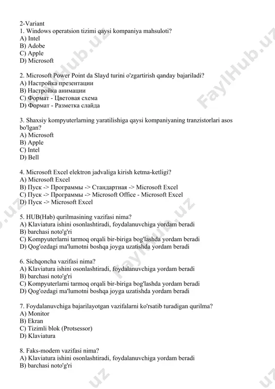 i bo'lib, sistemalar o'rnatilgan 21. tarmoqlar necha turga bo'linadi? a) 3 xil: maxalliy, mintaqaviy, murakkab b) 3 xil: lokal, mintaqaviy, global c) 3 xil: oddiy, murakkab, o'ta murakkab d) 2 xil: lokal va global 22. microsoft word da matnni ostiga chizish belgisi? a) а b) ж c) ч d) к 23. ishchi stoli (рабочий стол) dagi «сетевое окружение» yorlig'i (papkasi) qanday vazifani bajaradi? a) yaqinda o'chirilgan fayl va papkalarni ruyxati joylashadi. bu belgi yordamida esa shu papkaga tezkor o'tishingiz va ruyxat yordamida ularni qayta joyiga tiklashingiz mumkin bo'ladi. b) ish jarayonida yaratilgan matn , rasm, jadval va boshqa fayllar saqlanadi. bu belgi yordamida esa shu papkaga tezkor utishimiz mumkin va ular bilan ishlash imkoniyat yaratiladi) c) kompyuterda joylashgan disklar, papkalar va ular ichidagi fayllarni ko'rish va ular bilan ishlash (har xil amallar bajarish) imkoniyat yaratadi. d) kompyuterga tarmoqga ulangan kompyuterlardagi fayl, papka va disklar bilan ishlash imkoniyat yaratadi. 24. word …