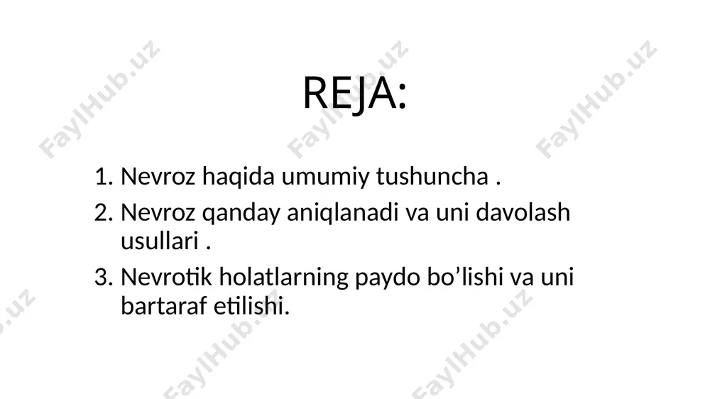 rivojlanib borayotganini qayd etish joiz. xulosa xulosa qilib aytadigan bo’lsam bugungi kunda nevroz kasali yashash muhitimizdagi turli shaxsiy omillar va bazi bir kasalliklarda so’ng paydo bo’ladigan ruhiy kasalik hisoblanadi . nevrozning asosiy sabablari inson psixalogoyasi bn bog’liq bo’lgan jarayonlar natijasida vujudga keladi . nevrozning alomatlari ko’p hollarda yashirin kechadi . fikrimcha aynan shunday alomatlari yashirin holatda bo’lganligi uchun ham biz unchalik e’tiborli bo’lmaymiz . eng yomoni nevroz kasalligi nafaqat kata yoshdagi insonlarda bolalarda ham keng tarqalmoqda , albatta buning oldini olishimiz zarur . nevroz kasalligini oldini olish uchun eng avvalo yashash muhitimizni turli asabiyliklardan saqlamishimiz lozim . foydalanilgan adabyotlar ro’yhati www.library.uz www.google.com “psixalogiya” a.hasanov “psixalogiya” b.umarov, yo.rahmonov image1.jpg image2.jpg image3.jpeg 505508726 /docprops/thumbnail.jpeg