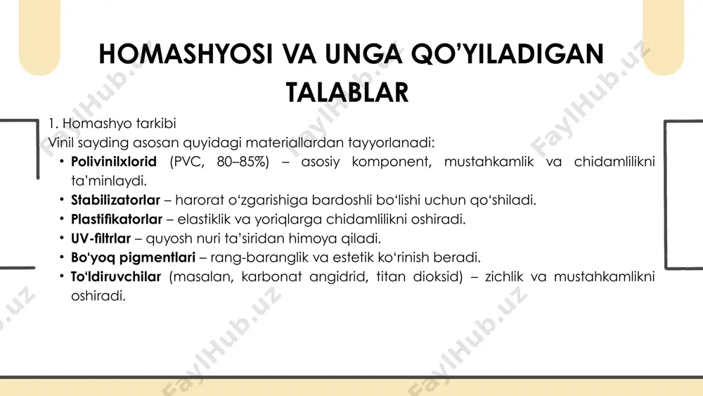 lanadi. 🔹 uzoq umr ko‘rish – o‘rtacha xizmat muddati 20–50 yil. 5. ekologik va gigiyenik xossalar 🔹 zaharli moddalarning chiqmasligi – ekologik xavfsiz bo‘lishi kerak. 🔹 mog‘or va zamburug‘ga qarshilik – maxsus ishlov berilgan vinil sayding mahsulotlari mikroorganizmlar rivojlanishiga qarshilik ko‘rsatadi. 🔹 gigiyenik talablar – yuvish va dezinfeksiya qilish mumkin. 1. mustahkamlik va zichlik ✅ zichlik – 1,35 – 1,45 g/cm³ (polivinilxlorid (pvx) asosida) ✅ chidamlilik (bosimga qarshilik) – 20 – 30 mpa ✅ elastiklik chegarasi – 2,5 – 5,0% 2. harorat va yong‘inga chidamlilik ✅ ishlash harorati diapazoni – -50°c dan +60°c gacha ✅ yong‘inga chidamlilik darajasi – g1-g2 (o‘tni tarqatmaydi, o‘z-o‘zidan so‘nadi) ✅ erish harorati – +180°c – +220°c 3. namlik va kimyoviy ta’sirga bardoshlilik ✅ namlik yutish darajasi – 0,04 – 0,4% (deyarli suv o‘tkazmaydi) ✅ kimyoviy chidamlilik – kislotali va ishqoriy muhitlarga nisbatan yuqori qarshilikka ega ✅ uv-himoya – titan dioksid (tio₂) 5 – 10% gacha …