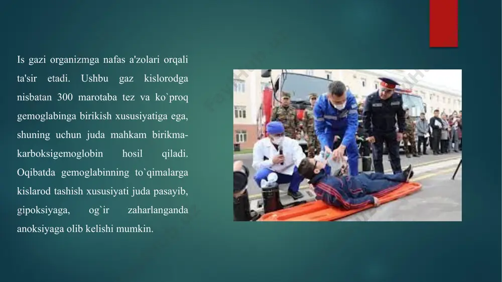 sh; c) nafas olishiga xalaqit beruvchi barcha narsalarni yigʻishtirish (tugmalarni yechib, yoqani ochish, kamarni boʻshatish va boshqalar); d) jabrlanuvchining uxlab qolmasligini nazorat qilish. jabrlanuvchini yurgizish taqiqlanadi; e) jabrlanuvchi nafas olmayotgan boʻlsa, unga toza havoda yoki havosi yaxshi aylanadigan xonada sunʼiy nafas oldirishni boshlash lozim; f) nashatir spirtini hidlatish; g) hushiga kelgan vaqtida yiqilib, jarohatlanmasligi uchun choralar koʻrish; h) jabrlanuvchining holati yaxshi boʻlsa, issiq choy yoki qahva ichirish; i) kislorod yostigʻi yordamida kislorod berish. e’tiboringiz uchun raxmat !! image6.png image7.png image8.png image9.png image10.png image11.png image12.png image13.png image14.png image2.png image3.png image4.png image5.png /docprops/thumbnail.jpeg