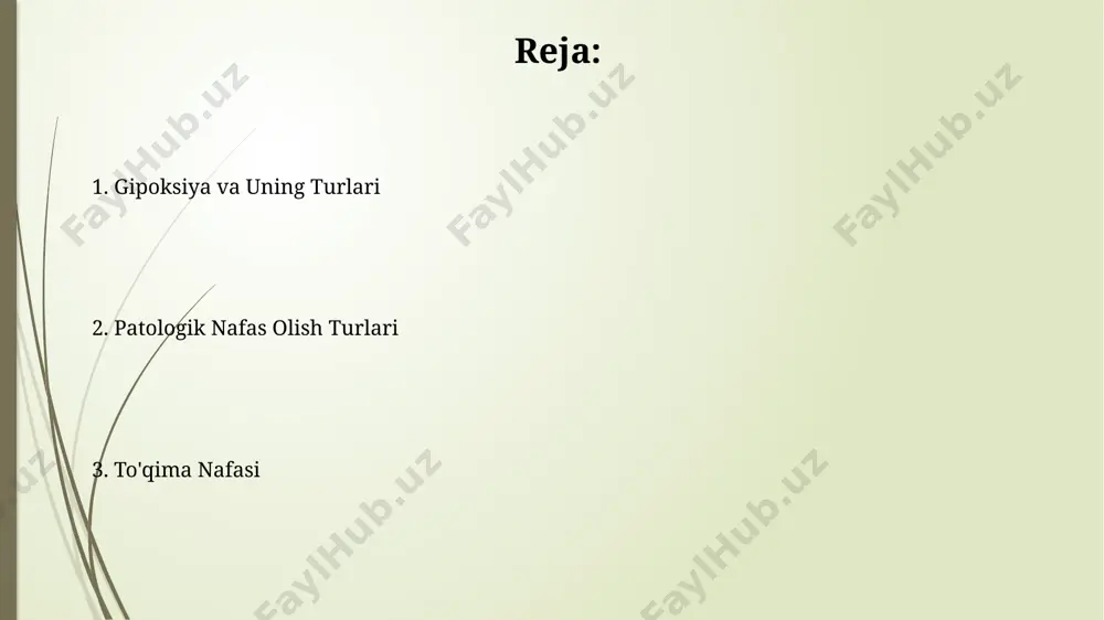 arning zo'rayishi yoki kamayishi mumkin. obstruktiv nafas olish buzilishlarida bronxlarning lümeni 50% dan ortiq torayishi kuzatiladi, bu esa havo oqimining sezilarli darajada kamayishiga va gipoksiyaga olib keladi, fev1 ko'rsatkichi pasayadi. nafas olishning buzilishi mexanizmlari nafas olishning buzilishi asosan 3 ta asosiy mexanizm orqali yuz beradi: alveolyar ventilyatsiyaning pasayishi (gipoventilyatsiya), diffuziya buzilishlari (o2 va co2 almashinuvi) va perfuziya nuqsonlari (qon oqimining buzilishi). nafas olish markazining faoliyatini buzish, masalan, miya shikastlanishi yoki toksik moddalar ta'siri natijasida, minutelik hajmni 10 litrdan kamga tushirib, gipoventilyatsiyaga olib kelishi mumkin. to'qima nafas olishining buzilishi to'qima nafas olishining buzilishi, 1-tipdagi diabetga chalingan bemorlarda qon aylanishining yomonlashuvi tufayli, hujayralar kislorod etishmasligiga olib kelishi mumkin, bu esa 30% gacha hujayra funksiyasining pasayishiga olib keladi. to'qima gipoksiyasi, mitoxondriyal disfunksiya natijasida, atp sintezining 50% gacha kamayishi bilan tavsiflanadi, bu esa hujayra energetikasi va metabolizmiga salbiy ta'sir qiladi. gipoksiya tushunchasi va uning ahamiyati gipoksiyaning 4 asosiy turi mavjud: gipoksemik, ishemik, anemiya va …
