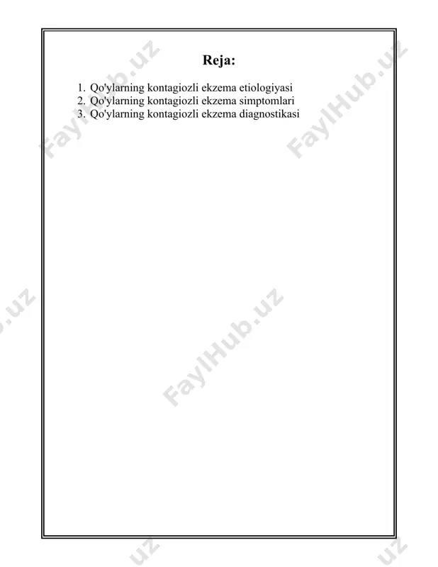 virus asosan ifloslangan yemish va suv orqali yuqadi. shuningdek, yuqtirish qo‘ylarning bir-biriga yaqin yashash joylarida va qiyoslanadigan sharoitlarda osonroq tarqaladi. kam gigiyena va sanitariya sharoitlari kasallik tarqalishiga keng hissa qo‘shadi. 6. **nazorat va oldini olish**: kasallikka qarshi eng samarali usullardan biri — yaxshi gigiyena sharoitlarni ta'minlash va kasallik belgilari aniqlanadigan hayvonlarni alohidalashdir. shuningdek, go‘sht va sutni yana ishlatilishdan avval qaynoq suvda ishlov beradi. 7. **profilaktika va immunizatsiya**: hozirgi kunda qo‘ylarning kontagiozniy ekzemasi uchun maxsus vaksinalar mavjud emas, lekin umumiy sanitariya ishlarini bajarish orqali kasallik tarqalishini oldini olish mumkin. virus mavjud bo‘lgan hududlarda muntazam ravishda hayvonlarni tekshirish va sog‘lomlashtirish ishlarini olib borish tavsiya etiladi. 8. **davolash**: kasallik, odatda, o‘z-o‘zidan bir necha hafta ichida chekinadi, ammo ikkinchi darajali bakterial infeksiyalarni oldini olish uchun antiseptik vositalar yoki antibiotiklar qo‘llanilishi mumkin. mahalliy antiseptiklar bilan yara-jarohatlar tozalanishi kerak. ushbu ma'lumotlar asosida, qo‘ylarning kontagiozniy ekzema kasalligi, asosan, kontagiozlikka, ya'nikim virusning yuqishiga tayanadi. hayvonlar orasida tarqalmoqda, lekin …