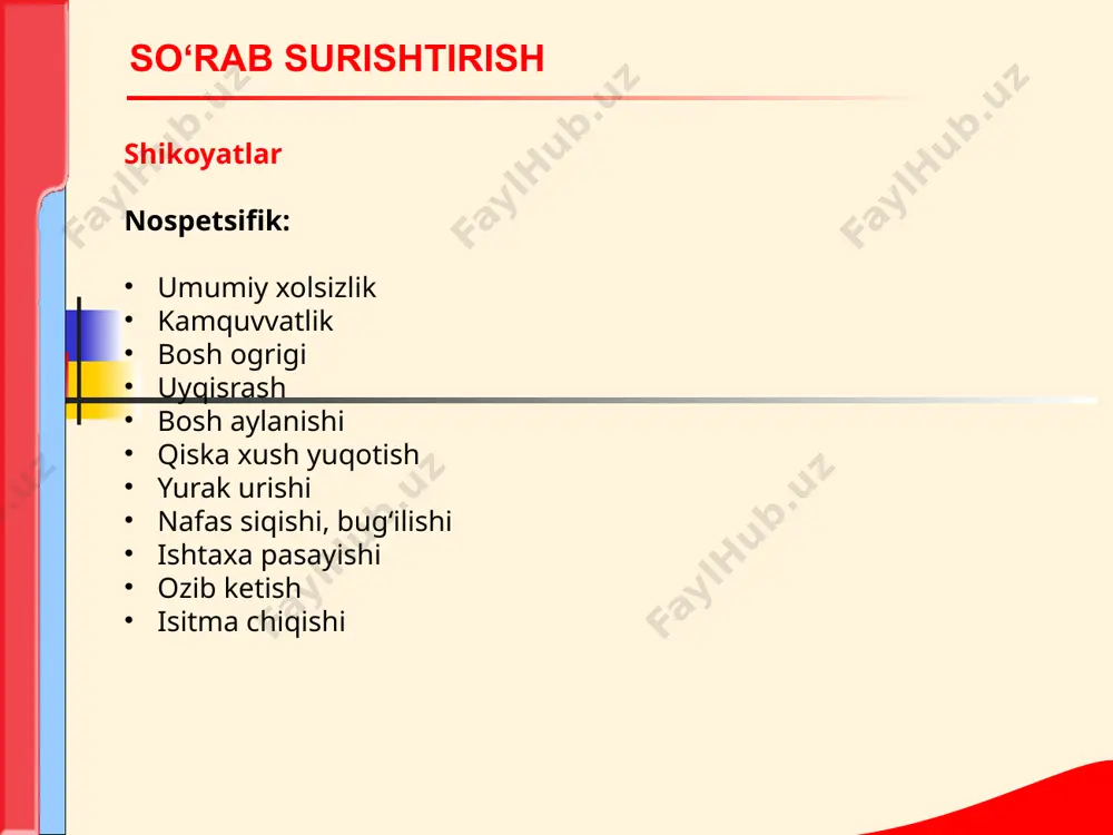 ykemiya sindromi leykemiya sindromi ko‘zdan kechirish: axvoli ogir bulishi, xushdan ketish mumkin.teri okargan, biroz sargayish kuzatilishi mumkin, terini kepaklanishi ,kattik tugunchalarning paydo bulishi (kon ishlab chikchruvchi tukimalar metaplaziyasi ), kon kuyilish izlari kurinadi. ogiz va shillik kavatlar nekrozi, ogizdan yiring xidini kelishi kaxeksiya rivojlangan gepatosplenomegaliya xisobiga korinning assimetrik kattalashuvi. oyoklar shishishi. ekzoftalm(kuz kosasaidagi metaplaziya uchoklarida) leykemiya sindromi palpatsiya: limfa tugunlarining kattalashuvi jigar va talok kattalashuvi suyaklarni bosib, urib kurilganda ogriklar perkussiya: jigar chegaralarining,talok va yurakning kattalashuvi. auskultatsiya: taxikardiya yurak chukkisi va upka arteriyalaridagi sistolik shovkin perikard, plevra va korinparda ishkalanish shovkinlari (ekstramedulyar kon ishlab chikarish uchoklarida). qon taxlili: kamdifferensiyalangan xujayra,ikkilamchi anemiya va trombotsitopeniya ,leykotsitoz. leykemiya sindromi teri va shillik kavatlarga mexanik taʼsir sababli yuzaga kelgan kon ketishi va kontalashga moyilliklarda kurinadi. sabablari: kapillyarlarning patologik utkazuvchanligi trombotsitopeniya kon ivishining fizik-kimiyoviy buzilishi shikoyatlar: burun,milk,bachadon,oshkozon-ichak tizimi, buyrak, upkadan kon ketishi. teri va shillik kavatlarda petexiya va kontalashlar,kukarishlar. bugimlardagi ogrik(bugim bushliklaridagi kontalashlar). korinda ogrik …