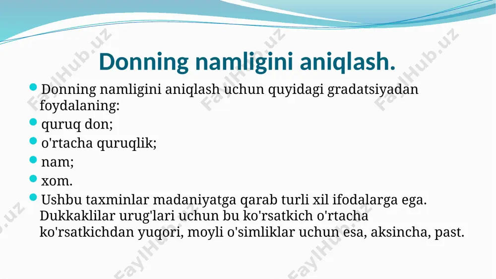 i uzoq vaqt davomida unib chiqishini saqlaydi. kislorod etarli bo'lmasa, don saqlashning birinchi oylarida ekish xususiyatlarini yo'qotadi. namlikni aniqlash usullari donning namligini bevosita va bilvosita usullar bilan aniqlash mumkin. don qabul qilish punktlariga kelganda, partiyani qaerga jo'natish kerakligini tezda aniqlash kerak: uzoq muddatli saqlash uchun elevator silosida, faol shamollatish uchun omborda, don quritgichda. elektr namlik o'lchagichdan foydalanish. elektr namlik o'lchagich yordamida namlikni aniqlash ekspress usul bo'lib, tahlilni bir necha daqiqada o'tkazish imkonini beradi. u donning elektr o'tkazuvchanligiga asoslangan bo'lib, uning namligiga bog'liq. quruq don dielektrik xossalariga ega, ho'l bo'lganda yarimo'tkazgichga aylanadi. namlikni o'lchash uchun tsvz-3 qurilmasi ishlatiladi. unda don elektrodlar orasidagi bo'shliqqa kiradi, bu orqali elektr toki o'tadi. 3 - 5 daqiqadan so'ng, qurilmaning raqamli displeyi darhol donning namligini foizlarda ko'rsatadi. usulning katta afzalligi uning yuqori tezligidir. biroq, u aniqlik jihatidan sezilarli darajada past standart usul namlikni aniqlash. o'tkazuvchanlik qiymatlari bir nechta omillarga bog'liq holda o'zgarishi mumkin: don harorati va …