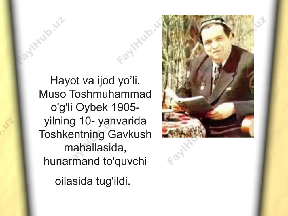 yingi yillarida "quyosh qoraymas", "ulug' yo`l" romanlari, "nur qidirib", "bolalik", "bola alisher" qissalarini yaratdi. talaygina she'r va dostonlar bitdi. mashhur ximik olima, oybekning ayoli zarifa saidnosirova shunday yozadi: "1968- yilning 1- iyulida, oltmish uch yoshida oybek vafot etdi. men hayotimning birdan-bir ma'nosi bo'lgan ulug` insondan judo bo'ldim. men hozir oybekning o'lim oldi kunlarini yozishga qanchalik shaylanmay, qo'lim qaltirab, nafasim tiqilib qolmoqda. qulog'imda hali ham: "men o'lyapman, zarifa, rozi bo'l!"- degan so'zlari jaranglab turibdi". oybek faqat uydagilarga emas, balki o'zi bilan aloqada bo'lgan har qanday odamga yaxshilik qilishga urinadigan shaxs edi. shundan bilinadiki, u ijodkor sifatidagina emas, balki, odam sifatida ham atrofdagilarning mehr-u hurmatini qozongan, ularning yuragidan chuqur joy olgan shaxs edi. image4.jpeg image5.jpeg image6.jpeg image7.jpeg image8.jpeg image9.jpeg image10.jpeg image11.jpeg image12.jpeg image13.jpeg image14.jpeg image15.jpeg image16.jpeg image17.jpeg image18.jpeg image1.jpeg image2.jpeg image3.jpeg