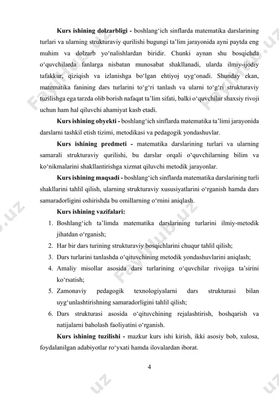 birini tashkil etadi. ushbu bosqichda o‘quvchilarning matematik savodxonligini shakllantirish, ularni mantiqiy va mustaqil fikrlashga o‘rgatish, matematik tushuncha va amaliy ko‘nikmalarni egallashlariga asosiy e’tibor qaratiladi. matematika darsining maqsadi faqatgina nazariy bilim berish emas, balki o‘quvchining kundalik hayotda duch keladigan muammolarni matematik yo‘l bilan hal qila olish qobiliyatini rivojlantirish, matematik tafakkurni, diqqatni, xotirani, tasavvur va tafakkurni mustahkamlashdan iboratdir. boshlang‘ich sinflarda matematika darsining asosiy maqsadlari bir necha yo‘nalishlarda namoyon bo‘ladi. birinchidan, o‘quvchilarda elementar matematik bilimlarni shakllantirish muhim vazifa sanaladi. bu bosqichda ular sonlar haqida tasavvur hosil qiladi, hisoblash amallari, geometrik shakllar, o‘lchov birliklari va matematik belgilar bilan tanishadi. masalan, 1-sinfda o‘quvchilar sonlarni 0 dan 20 gacha sanashni, ular ustida qo‘shish va ayirish amallarini bajarishni, oddiy geometrik shakllarni farqlashni va vaqt, uzunlik, massa kabi o‘lchov birliklarini anglay boshlaydilar. bu dastlabki bilimlar ularga keyingi sinflarda matematikani chuqurroq o‘rganish uchun mustahkam poydevor bo‘lib xizmat qiladi[footnoteref:1]. [1: abduqodirov, a. matematika o‘qitish metodikasi. – toshkent: “fan va texnologiya”, …