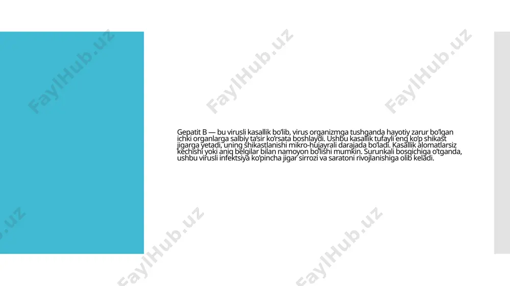 tit c va gepatit b bir xil tarzda yuqadi. gepatit c gepatit c ning oldini olish gepatit c ga qarshi emlash hali mavjud emas, chunki virus tezda mutatsiyaga uchraydi va juda ko'p genotiplarga ega. gepatit d gepatit d (delta gepatit) –bu virusli infeksiya va jigarning yallig'lanishli shikastlanishi bilan tavsiflangan kasallik. kasallik o'tkir yoki surunkali kechadi. kasallikning o'ziga xos xususiyati shundaki, u gepatit b bilan bir vaqtda sodir bo'ladi, agar qonda gepatit b virusi bo'lmasa, delta virusi inson tanasiga ta'sir qila olmaydi. gepatit d diagnostika gepatit d uchun zarur bo'lgan tashxis gepatolog tomonidan amalga oshiriladi. buning uchun u quyidagilarni tayinlaydi: umumiy, biokimyoviy qon testlari; qorin bo'shlig'i organlarining ultratovush tekshiruvi; pcr diagnostikasi; siydiki tahlili; jigar testlari. gepatit d oldini olish gepatit d kasalligi uchun profilaktika quyidagilarni o'z ichiga oladi: emlanish; tibbiy muassasalarda barcha vositalarni yaxshilab sterilizatsiya qilish; jinsiy aloqa paytida kontratseptivlaridan foydalanish; shaxsiy gigiena qoidalariga rioya qilish. /docprops/thumbnail.jpeg