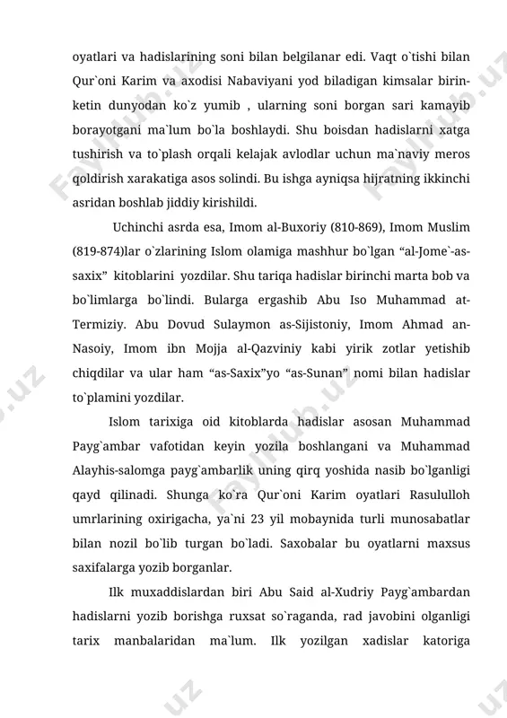 tan olingan va “kutubi sitta”ning eng mashhuri hisoblangan. imom al-buxoriyning bu asari mashhur muxaddislar ko`rigidan utgan, kitobda keltirilgan rivoyatlar borasida birortasi xam ixtilofga uchramagan va allomalarning barchalari bir ovozdan ma`qul topganlar. imom muxammad al-buxoriy hayri-saxovtli kishi bo`lgan. u otasi shayx ismoiyldan qolgan meros mollarining katta qismini faqiru miskinlar va tolibi ilmlarning hojatlarini ravo qilish uchun sarf etgan. imom al-buxoriy 20 yoshidan boshlab kitob ta`lif eta boshlaydi. ul zotning “al-jome` as-sahih”(“ishonchli to`plam”)idan tashqari yigirmaga yaqin kitobi bo`lgan. ammo ularning bir qismigina qo`lyozma shaklida mavjud bo`lib, qolganlarining nomlarigina ma`lum xolos. al-buxoriy hadis rivoyat kilgan shaxslarning tarjimai xolini to`plab, bu sohada qiymati zo`r bo`lmish va ko`pchilik hadischilar murojaat qiladigan asar ”at-tarix al-akbar” (“eng katta tarix”)ini yozadi. keyinchalik muallif bu kitobini qisqartirib “at-tarix as-sig`ar”(“kichik tarix”) nomi bilan atagan va bu asar 1325\1907 yilda hindistonda 251 sahifa bo`lib bosilgan. kitob so`ngiga al-buxoriyning “kitob az-zuafo” (“zaiflar kitobi”)ni ham ilova qilingan. imom al-buxoriy hijriyning 256 yili 30 …