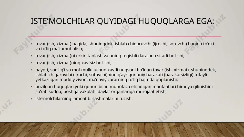 adida sotib olayotgan shaxsdir. oldi-sotdi shartnomasi fuqaroning isteʼmolchi sifatidagi fuqarolik-huquqiy shartnomalarda ishtiroki energiya taʼminoti shartnomasida ham kuzatiladi. fkning 469-moddasiga muvofiq, energiya taʼminoti shartnomasiga ko’ra energiyadan turmushda foydalanadigan fuqaro abonent hisoblanadi. energiya taʼminoti shartnomasi fuqarolar bilan turmushda foydalanishi uchun tuzilganda ommaviy shartnoma boʻlib, fuqarolar isteʼmolchi hisoblanadi. energiyani tutashtirilgan tarmoq orqali yetkazib berishni taʼminlash energiya taʼminoti shartnomasining eng muhim belgilaridan boʻlib hisoblanadi va u aynan shu belgisi bilan boshqa turdagi shartnomalardan farq qiladi. energiya ta’minoti shartnomasi amaldagi joriy qonunlar ham isteʼmolchilarning huquqlarini himoya qilish toʻgʻrisidagi qonun hujjatlari jumlasiga kiradi “texnik jihatdan tartibga solish to‘g‘risida”gi 27.02.2023 yildagi o‘rq-819-son “dori vositalari va farmatsevtika faoliyati to‘g‘risida”gi 04.01.2016 yildagi o‘rq-399-son “oziq-ovqat mahsulotining sifati va xavfsizligi to‘g‘risida”gi 30.08.1997 yildagi 483-i-son qonun “tovar belgilari, xizmat ko‘rsatish belgilari va tovar kelib chiqqan joy nomlari to‘g‘risida”gi 30.08.2001 yildagi 267-ii-son qonun “fuqarolarning banklardagi omonatlarini himoyalash kafolatlari to‘g‘risida”gi 05.04.2002 yildagi 360-ii-son qonun “axborot olish kafolatlari va erkinligi to‘g‘risida”gi 24.04.1997 yildagi 400-i-son qonun …