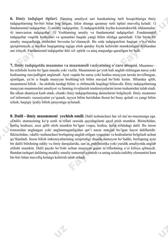 ilmagan, g‘aroyib va jozibali yangilikni yaratadi yoki kashf etadi. ayni shu ma’noda faoliyat deganda kishilik jamiyati mavjudligining zaruriy sharti bo‘lib, dunyoni o‘zining maqsadiga ko‘ra o‘zgartirishga qaratilgan inson xatti-harakati tushuniladi. ilmiy-ijodiy faoliyat – bu insonning o‘zi va atrofidagi o‘zgarishlarni anglab etishga doimiy ravishda tayyor turish, yangicha tafakkur qilish asosida o‘z qobig‘idan chiqa olishidir. 4. ilmiy tadqiqotning namoyon bo’lish jihatlari. ilmiy tadqiqotlar jarayonida inson tafakkuri doirasida turli ob’ektlarning hali chuqur o‘rganilmagan, yoki noma’lum bo‘lgan xususiyatlari, qonuniyatlari, mavjudlik shakllari va taraqqiyoti to‘g‘risida bilimlar to‘planadi. to‘plangan bilimlar o‘z navbatida fanga ma’lum faktlar va dalillar asosida ma’lum bir tizimga keltiriladi. ilmiy tadqiqot inson bilish faoliyatining alohida va o‘ziga xos ko‘rinishidir. ilmiytadqiqotning bilish faoliyati boshqa ko‘rinishla-ridan farq qiluvchi xususiyatlari uning ob’ektivligi, bilimlarni qayta ishlab chiqishi isbotlanganligi, nazariy yoki amaliy tasdiqlanganligi, va albatta, aniqligi bilan xarakterlanadi. 5. ilmiy tadqiqotni namoyon bo’lish shakllari. ilmiy tadqiqot jarayonida inson mohiyatan o‘zligini anglaydi. bu bilan inson nafaqat tashqi muhitda, balki o‘z …
