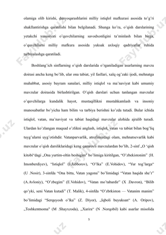 tnlar ustida ishlashda tabiat bag’riga sayohat uyushtirilib, bolalar kuzatuvchanlikka o’rgatilsa, vatanparvarlikka oid asarlar tahlili vatanning dongdor kishilari bilan uchrashuvlar yoki mavzuga daxldor kinofilmlar namoyishi vositasida amalga oshirilsa, dars samaradorligi yanada ortadi. umuman, „o’qish kitobi" darsliklaridagi barcha mavzular o’quvchilarga ta’lim -tarbiya berish bilan birga, ularning lug’atini boyitishga, og’zaki va yozma nutqini to’g’ri shakllantirish va nutq madaniyatini o’stirishga ham qaratiladi. amaldagi „o’qish kitobi" darsliklarida materiallarning sinfdan sinfga o’tgan sari mavzu jihatidan ham, mazmun jihatidan ham kengaya borishi hisobga olingan. masalan, 1-sinfda o’rgatiladigan „ajdodlarimiz — faxrimiz", „pt ~ aql chirog’i “, „zumrad bahor“, „kumush qish “ kabi mavzular 2—4-sinflarda ham davom ettirilgan. bu esa o’quvchilarning oldingi bilimlarini to’ldiradi va boyitadi. uzluksiz ta ‘limning boshqa bosqichlaridan farqli o’laroq, boshlang’ich sinflarning o’qish darslarida o’quvchilarning o’qish malakalarini shakllantirish, asar matni ustida ishlash ta ‘limning didaktik maqsadi hisoblanadi. u turli mavzudagi matnlar ustida ishlash orqali ma’naviy-ahloqiy, adabiy-estetik tarbiya bilan chambarchas bog’lab olib boriladi. darsliklardagi har bir mavzu …