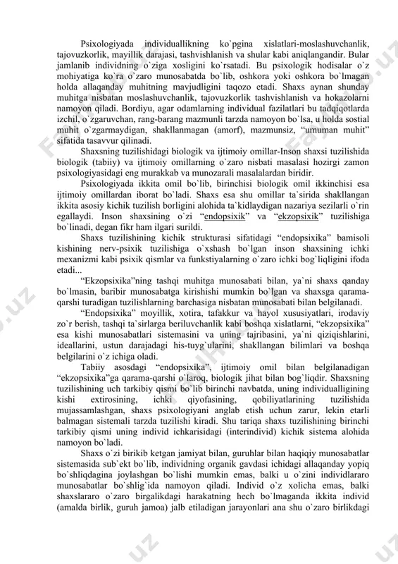 idan amaliy faoliyat va munosabat jarayonida hosil qilinadigan hamda ijtimoiy munosabatlarning individga ta`sir o`tkazish darajasi va sifatini belgilaydigan sistemali tarzdagi ijtimoiy fazilat shaxs tushunchasi bilan ifoda etiladi. “shaxs” va “individ” tushunchasining - b.g.ananev, a.n.leontev, b.f.lomov, s.l.rubinshteyn va boshqalar inkor etishadi. shaxs individlararo munosabatlar sub`ekt. “individ” va “shaxs” tushunchalarining bir-biriga mos kelmasligi va aynan o`xshash emasligi faktidan shu narsa ayonki, shaxs tushunchasi birgalikdagi faoliyatining har bir ishtirokchisi uchun ushbu faoliyatning mazmuni, qadriyatlari va mohiyati orqali namoyon bo`ladigan shaxslararo munosabatlarining mavjudligi anglanishi mumkin. bunday shaxslararo aloqalar realdir, lekin ular tabiatan “g`ayrixissiy”dir. ular jamoaga kiradigan odamlarning konkret individual xususiyatlari va hatti-harakatlarida namoyon bo`ladi, lekin ularning sababchisi bo`la olmaydi... ular har bir individlararo aloqalar sistemasida va undan kengroq miqyosda-ijtimoiy munosabatlar sistemasida egallaydigan alohida mavqeini belgilab beradigan ana shu shaxsiy xislatlarini namoyon qiladigan guruh shaklidagi o`sha faoliyatning alohida fazilatini tashkil etadi. shaxsni jamoada shakllantiradigan shaxslararo aloqalar, tashqaridan qaraganda, konkret faoliyatga mos munosabatlar yoki sub`ekt munosabati …