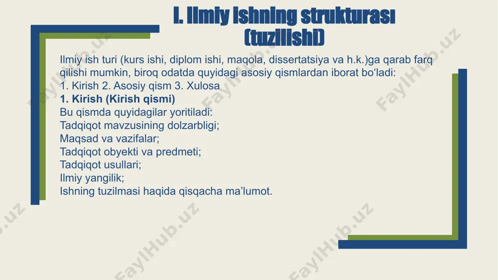 ani bilan ham belgilanadi. shuningdek, bob va paragraflar tadqiqot uchun yig‘ilgan materiallar, maqsad va vazifalardan ham kelib chiqadi. asosiy qism shunga e’tibor qaratish lozimki, mavzu nomlanishi bob sarlavhasida, o‘z navbatida bob nomlanishi esa paragraf sarlavhasida takrorlanmasligi kerak. boblar va paragraflardagi sarlavhalar aniq,qisqa, lo‘nda va ikki xil ma’no kasb etmaydigan holda ifodalangan bo‘lishi hamda matn bayonidagi mazmunni qisqacha o‘zida aks ettirishi lozim. boblardagi sarlavhalar tegishli paragraflardagi sarlavhalarda o‘z aksini topib, tadqiqot mazmunini yoritishga yordam berishi kerak. umuman olganda, tadqiqot tuzilishi va mazmunida bob va paragraflarni to‘g‘ri tuzish, sarlavhalarni chuqur o‘ylagan holda ifodalash, har bir bobga xulosalar bera olish muhim ahamiyatga molik hisoblanadi. asosiy qismga qo’yiladigan talablar. ilmiy ishning asosiy qismi har bir alohida olingan mavzu yoki obyekt xususiyatidan kelib chiqadi. asosiy qism qo‘yilgan vazifalarga muvofiq bo‘lishi kerak. hatto asosiy qismni qo‘yilgan vazifalar soniga teng paragraflar (kichik bo‘limlar) soniga bo‘lish ham mumkin. asosiy qism mazmuni quyidagi bo‘limlarni aks ettiradi: a) muammoning nazariy …