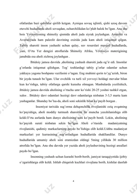 jaradigan vazifalarning keskin o’zgarishi ,turmushning nisbatan yaxshilanishi, aholining yosh tarkibidagi siljishlar boshqa omillar bilan bog’langandir . demografik o’tish davri dastavval yevropada xviii asrda boshlanadi. shunda tabiiy o’sish 20-30%ga teng bo’ldi, buni haqiqatdan ham demoqrafik inqilob deb atash mumkin. chunki 10-20 yil oldin atigi 5-10% ga teng bo’lgan tabiiy o’sish qisqa vaqt ichida 2-3 martaga oshdi. ushbu jarayon yevropada 100-150 yil davom etti. i bob. dunyo aholisi dinamikasi 0. aholi tarkibi aholining jinsiy, yosh va oilaviy tarkibi. aholinig jinsiy va yosh tarkibi ijtimoiy va iqtisodiy nuqtai nazardan muhim ahamiyatga egadir. chunki, mehnat resurslarini maktabgacha maktab yoshidagi kontigentlarni, nafaqa yoshidagi aholini hisoblash, ularga kerakli moddiy va ma’naviy imkoniyatlarni yaratish aholining jinsiy, yosh, tarkibiga asoslanadi. aholining jinsiy tarkibi. aholining jinsiy tarkibi, asosan uch omil tasirida shakllanadi, yangi tug’ilganlardagi jinsiy nisbat, o’limdagi jinsiy farq, hamda migratsiyasidagi jinsiy farq. statistik malumotlar va ilmiy adabiyotlarda qayd etilishicha dunyo bo’yicha qiz bolalarga nisbatan o’g’il bolalar ko’proq tug’ilar …