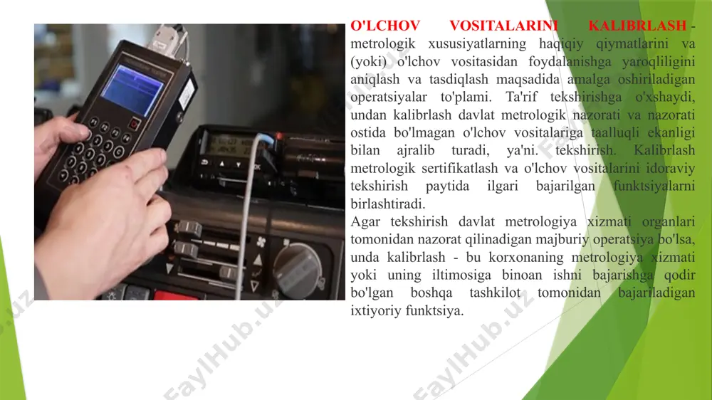 kazishga imkon beradi. ammo kalibrlash o'lchov vositasini ma'lum standartlarga moslashtirishga imkon beradi. majburiy parametr nuqtai nazaridan, keyin faqat tekshirish - bu juda zarur protsedura va kalibrlash - bu ixtiyoriy qaror... tekshirishni faqat hms amalga oshirishi mumkin va hmsga qo'shimcha ravishda akkreditatsiyaga ega bo'lmagan tashkilotlar va korxonalar tomonidan kalibrlash ta'minlanishi mumkin. o'lchov vositalarini tekshirish- o'lchov vositasining belgilangan majburiy talablarga muvofiqligini aniqlash va tasdiqlash maqsadida davlat metrologiya xizmati organlari tomonidan amalga oshiriladigan operatsiyalar to'plami. 1994 yil 18 iyulda "o'lchov vositalarini tekshirish tartibini" tasdiqlash to'g'risida standart buyrug'i chiqarildi. dastlabki tekshirish-- tasdiqlangan turdagi o'lchov asboblari uchun ishlab chiqarishdan chiqarilganda, ta'mirdan keyin. vaqti-vaqti bilan tekshirish o'lchov asboblari ishlashda, ma'lum kalibrlash oralig'ida amalga oshiriladi. favqulodda tekshirish u o'lchov vositasining markasi shikastlanganda yoki tasdiqlash guvohnomasi yo'qolganda foydalanishga yaroqliligini tasdiqlash zarur bo'lganda amalga oshiriladi. mutaxassis tekshiruvi u metrologik xususiyatlar, o'lchov vositalarining yaroqliligi va ulardan foydalanishga yaroqliligi bilan bog'liq masalalar bo'yicha kelishmovchiliklar bo'lgan taqdirda amalga oshiriladi. metrologik ta’minot o‘lchashlar …