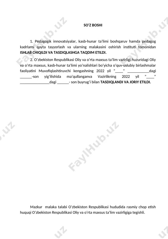ng zaruriy bilimlar mazmuni va kasbiy kompetensiyasiga qo‘yiladigan talablarni va pirovard maqsadlarini, shuningdek ta’lim oluvchilarning o‘quv yuklamalari hajmi va standart talablarini bajarilishi nazoratini belgilaydi. malaka talabi ta’lim oluvchilarning kasbiy tayyorgarligi sifati va kasbiy kompetensiyasini baholashda hamda ta’lim muassasalarini attestatsiyadan o‘tkazishda asosiy mezon hisoblanadi. mazkur talablarning bajarilishi professional ta’lim muassasalarining bitiruvchilariga professional ta’limning tegishli darajasini olganligi to‘g‘risida davlat namunasidagi hujjat berilishi uchun asos hisoblanadi. malaka talabi ta’limni boshqarish davlat organlari va ta’lim faoliyati sub’ektlari tomonidan, idoraviy bo‘ysunuvi va mulkchilik shakllaridan qat’iy nazar, tadbiq etilishi majburiydir. ushbu malaka talabi texnologik qurilmalar operatori (в02.102.1625/и-22), texnologik kompressor mashinisti (в02.102.1624/и-22) va texnologik nasoslar mashinisti (в02.102.1627/и-22) kasblarining kasbiy standart talablari asosida ishlab chiqildi. 2.kasbiy ta’lim xususiyati 2.1. 40720609– neft va gaz sohasi texnologik qurilmalarini ishlatish kasbi doirasida beriladigan kvalifikatsiyalar: 1. texnologik qurilmalar operatori; 2. texnologik kompressor mashinisti; 3. texnologik nasoslar mashinisti. kamida umumiy o‘rta ma’lumotga ega bo‘lgan shaxslar hisobidan shakllantirilgan guruhlarda tanlangan kvalifikatsiyalar sonidan kelib chiqib …