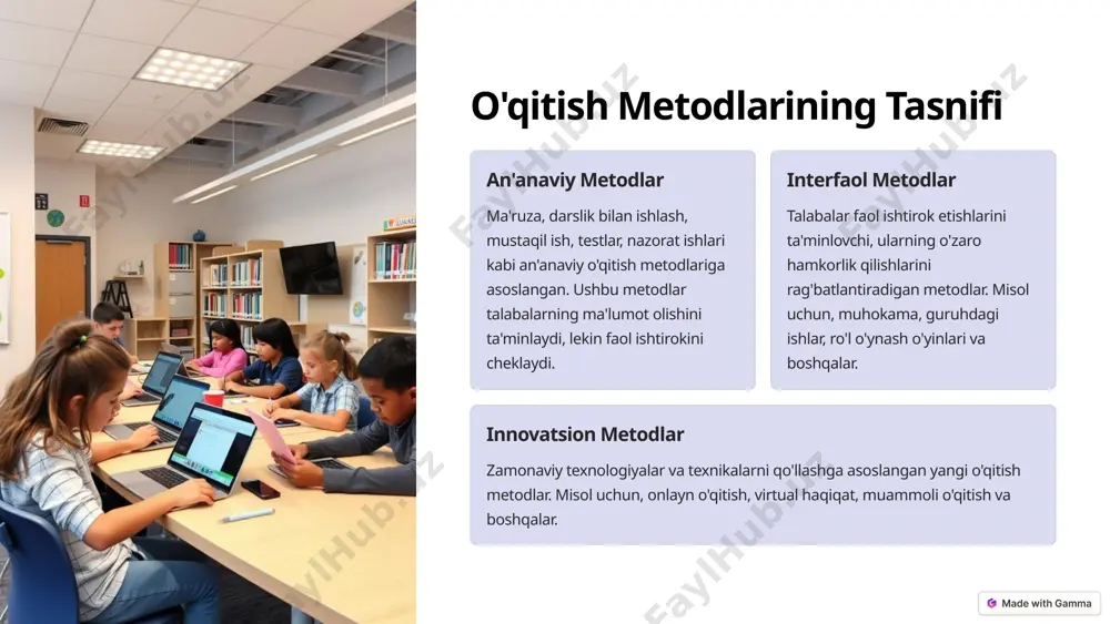 ng bilimlari va tajribalarini boshqalarga namoyish etadilar. 7 didaktik o'yinlar metodining qo'llanilishi 1 reja tuzuv o'yinning maqsadi, vazifalari va qoidalari aniqlanadi. 2 o'yin materiallari o'yin uchun kerakli materiallar, masalan, kartalar, o'yin maydoni va boshqalar tayyorlanadi. 3 o'yin jarayoni talabalar o'yinga kirishadi, qoidalarga amal qiladilar va o'zlarining bilimlarini amalda qo'llaydilar. 4 natijalarni tahlil qilish o'yin natijalari tahlil qilinadi, talabalar o'zlarining o'rganish tajribalarini baholaydilar va yangi bilimlarni o'zlashtiradilar. 8 modulli o'qitish metodining afzalliklari 1 moslashuvchanlik talabalar o'zlarining individual ehtiyojlari va qiziqishlariga mos ravishda o'quv materialini tanlash imkoniga ega bo'ladilar. 2 samaradorlik o'qitish jarayoni tezlashtiriladi, chunki talabalar o'zlarining oldin o'zlashtirgan bilimlarini takrorlashga hojat qolmaydi. 3 mustaqillik talabalar o'zlarining o'rganish jarayonini mustaqil ravishda boshqarish, o'zlarining o'quv rejalarini tuzish va o'zlarining o'rganish sur'atini belgilash imkoniga ega bo'ladilar. 9 o'qitish metodlaridan samarali foydalanish o'qitish metodlari talabalarni o'qitishda muhim rol o'ynaydi. ular talabalarning faol ishtirokini ta'minlaydi, ularning bilim darajasini oshiradi, ijodiy fikrlashni rivojlantiradi va mustaqil o'rganish qobiliyatini …