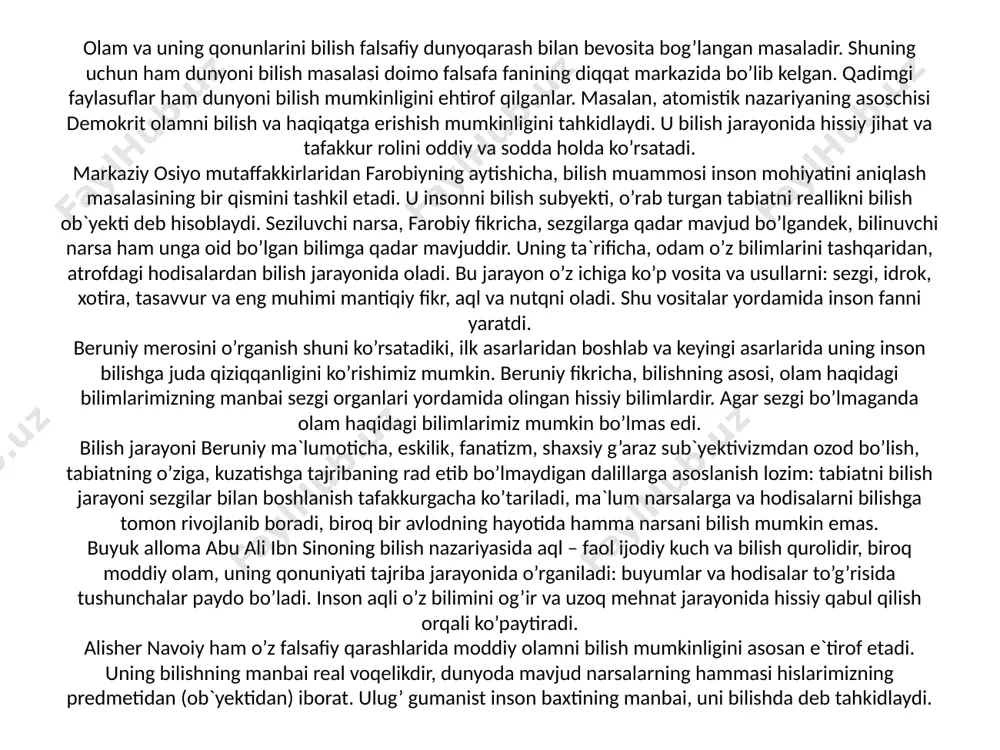 rsa” bilan “narsa o’zida” sezgi a`zolariga aralash ta`sir etish bilan bilish mumkin bo’lgan hodisalar yuzaga keladi, inson ularni o’zining tug’ma aprior tushunchalari bilan tartibga soladi. umuman kantning bilish nazariyasi boshdan oyoq chalkash, g’ayri ilmiy reaktsion bo’lib, o’z mohiyati ehtibori bilan bilan inson aqlining bilish imkoniyatlarini fanning rivojlanish istiqbollarini inkor etishga qaratilgan. bilish nazariyasining rivojlanishida xvii-xviii asr faylasuflari (ingliz bekon, dekart, didro, gol’bax, gelvetsiylar) muhim o’rin tutadi. ular agnostitsizm, spektitsizmni qattiq tanqid qilib olamni bilish mumkinligini ta`kidlaydilar. biroq ularning qarashlarida ma`lum nuqsonlar ham bor edi. masalan, ularning bilish nazariyasi metafizik xususiyatga ega bo’lib bilishda hissiy va ratsional jihatlarning dialektik birligini ko’rsata olmas edi. ular bilish jarayonining ziddiyatli ekanligini ochib bera olmadilar. shuningdek ular kishilar ijtimoiy tarixida amaliyot rolini tushuna olmadilar, kishilarning ongli faoliyati rolini inkor etdilar. ma`lumki, ob`yektiv dunyo, uning predmet va hodisalari bilishning birdan -bir manbaini tashkil etadi. shunday bo’lsada, ayrim faylasuflar va din ta`limotida bilishning manbai sifatida qandaydir mistik, …